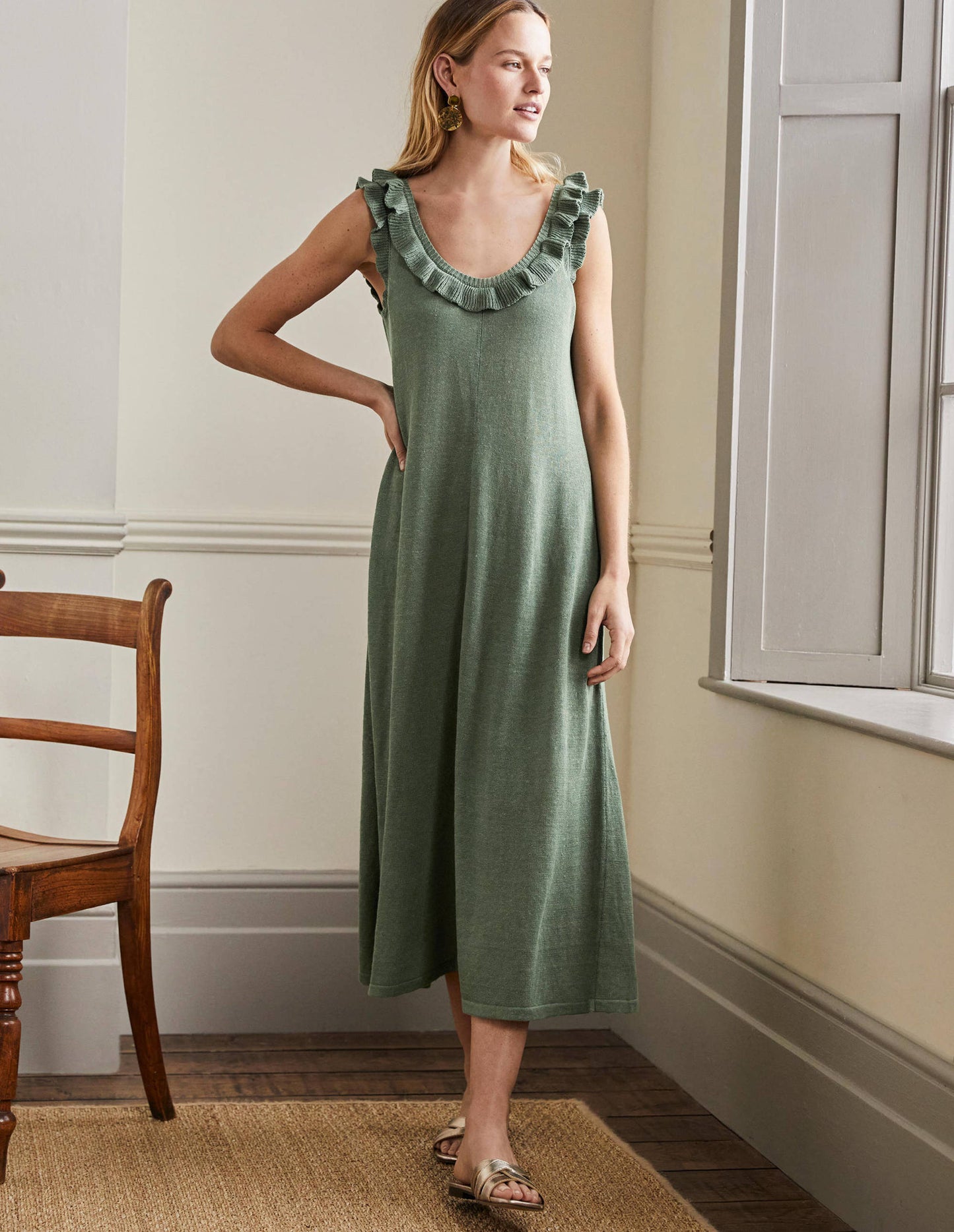 Frill Neck Knitted Midi Dress-Alder