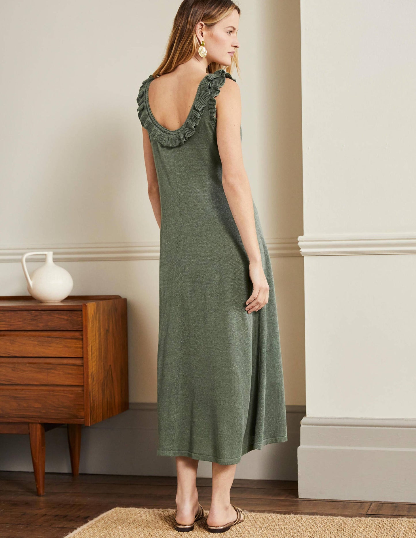 Frill Neck Knitted Midi Dress-Alder