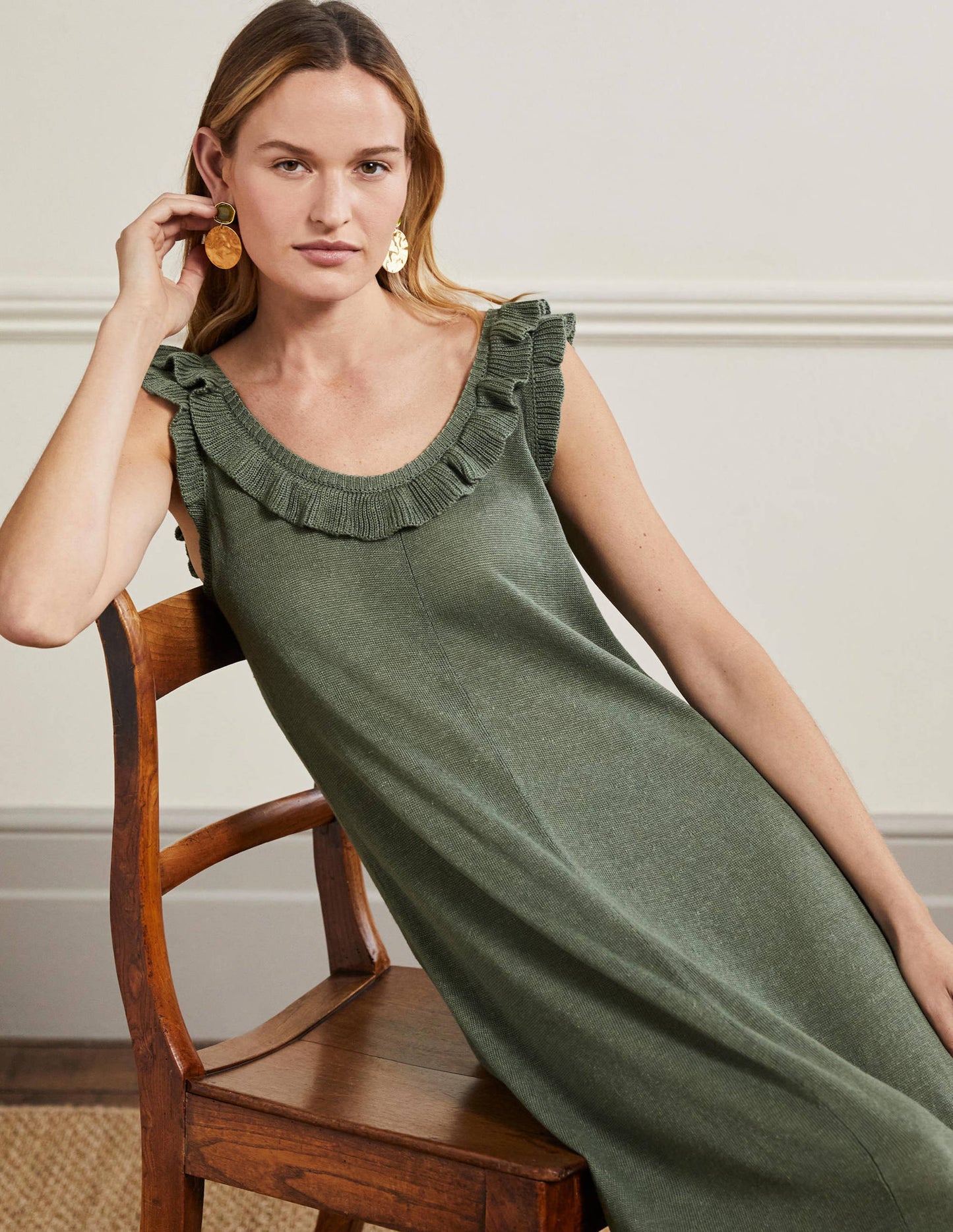 Frill Neck Knitted Midi Dress-Alder
