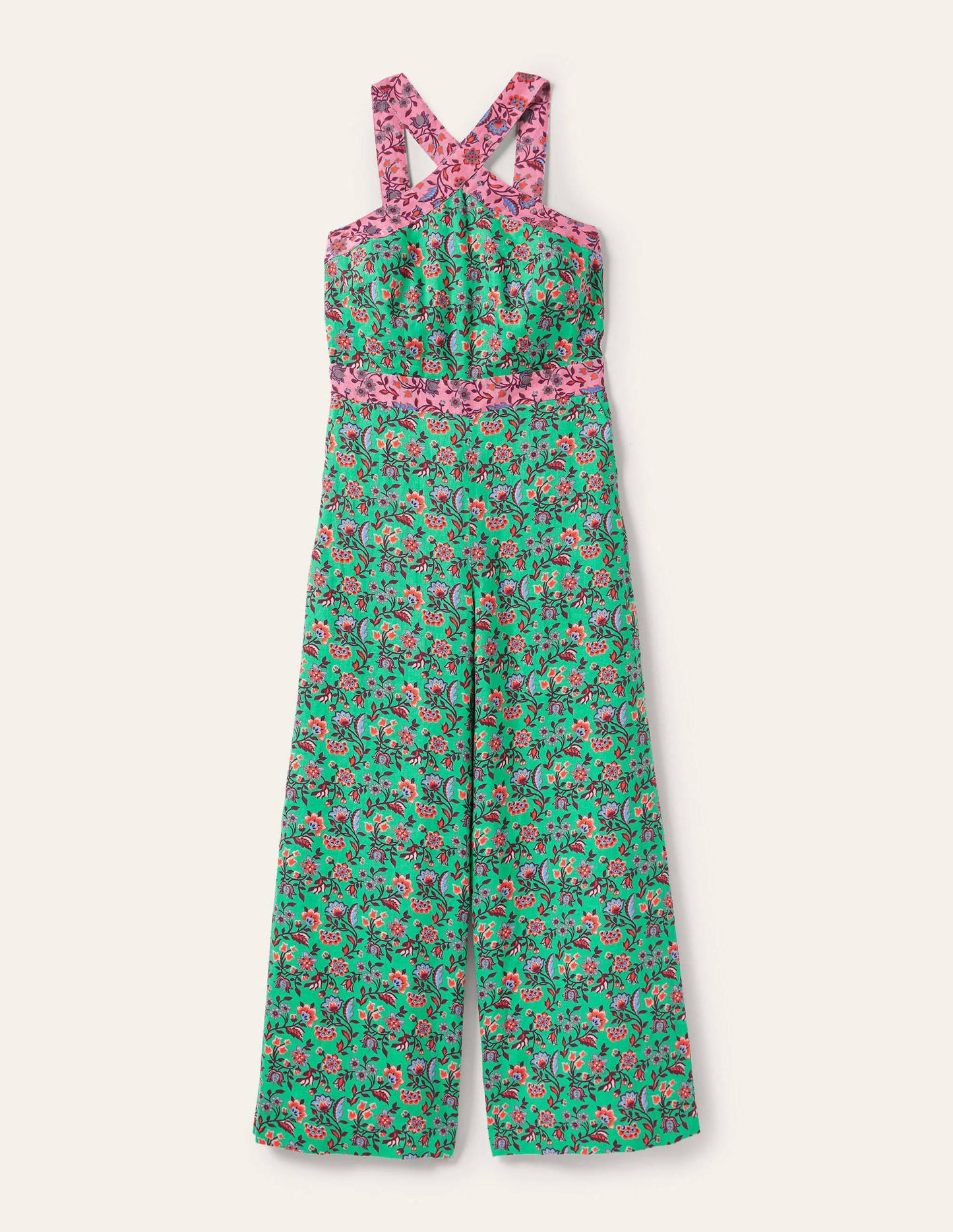 Cross Over Linen Jumpsuit-Green Lagoon, Oriental Meadow