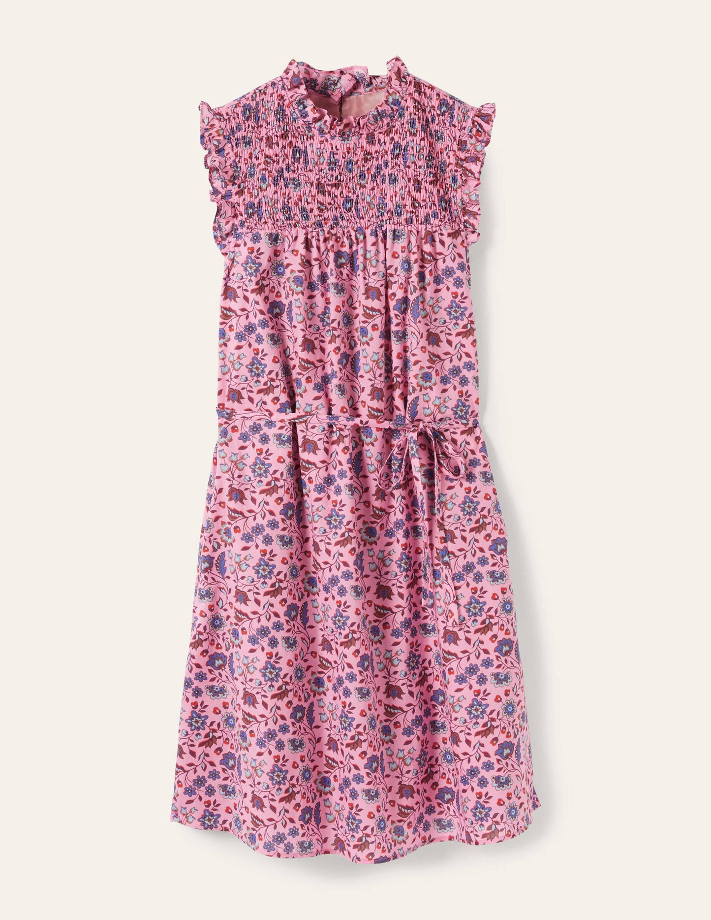 Sleeveless Smocked Mini Dress-Formica Pink Oriental Meadow