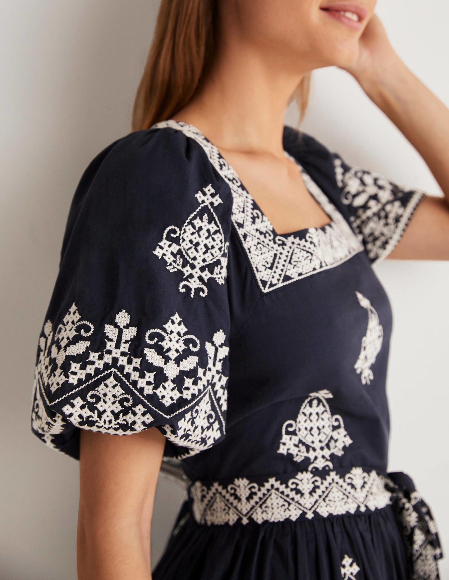 Square Neck Rara Dress-Navy, Ivory Embroidery
