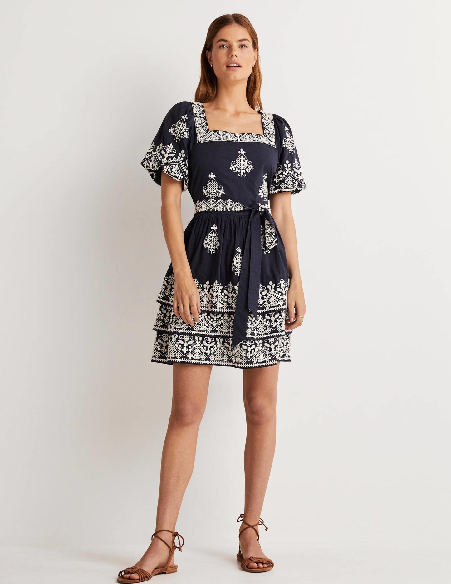 Square Neck Rara Dress-Navy, Ivory Embroidery