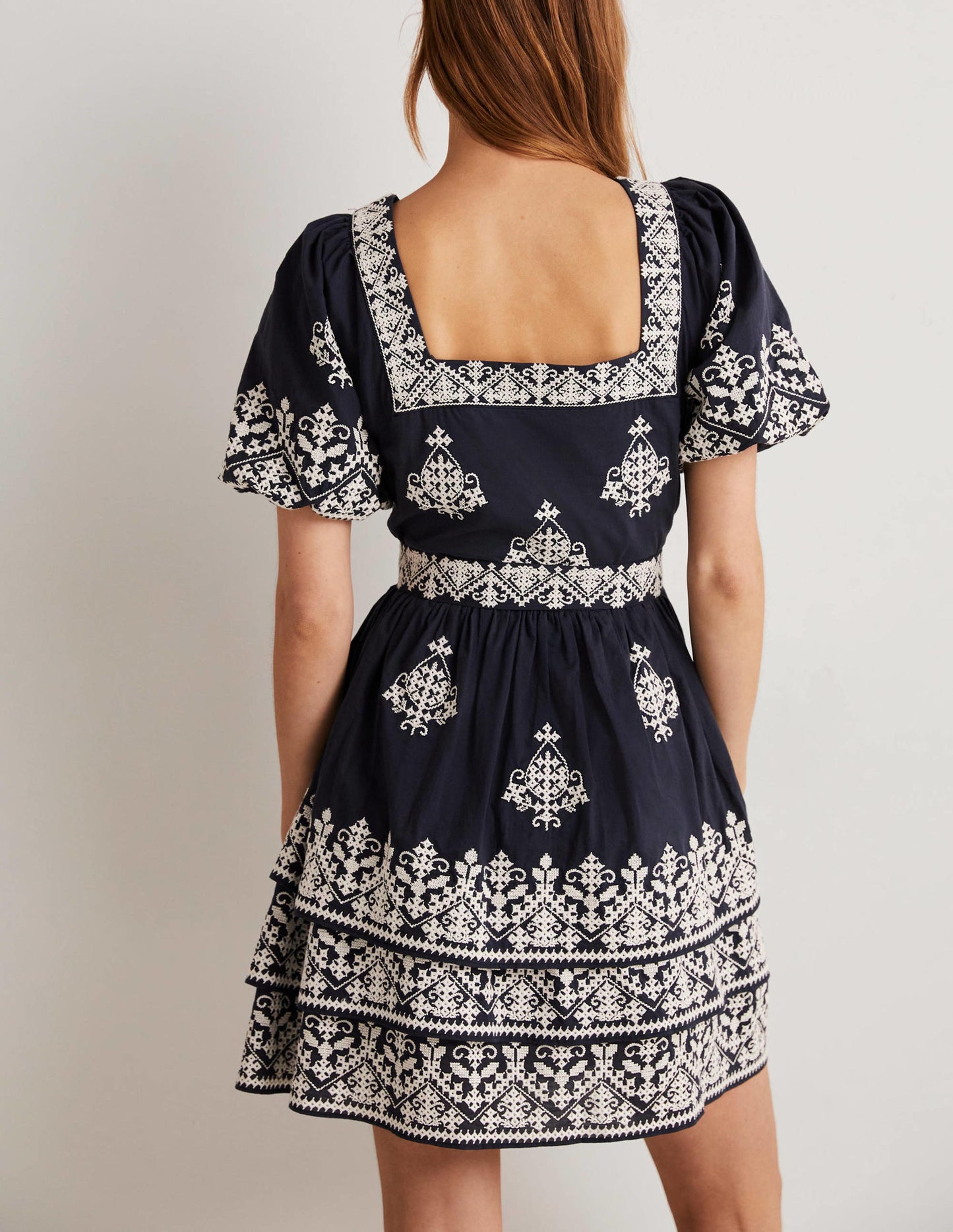 Square Neck Rara Dress-Navy, Ivory Embroidery