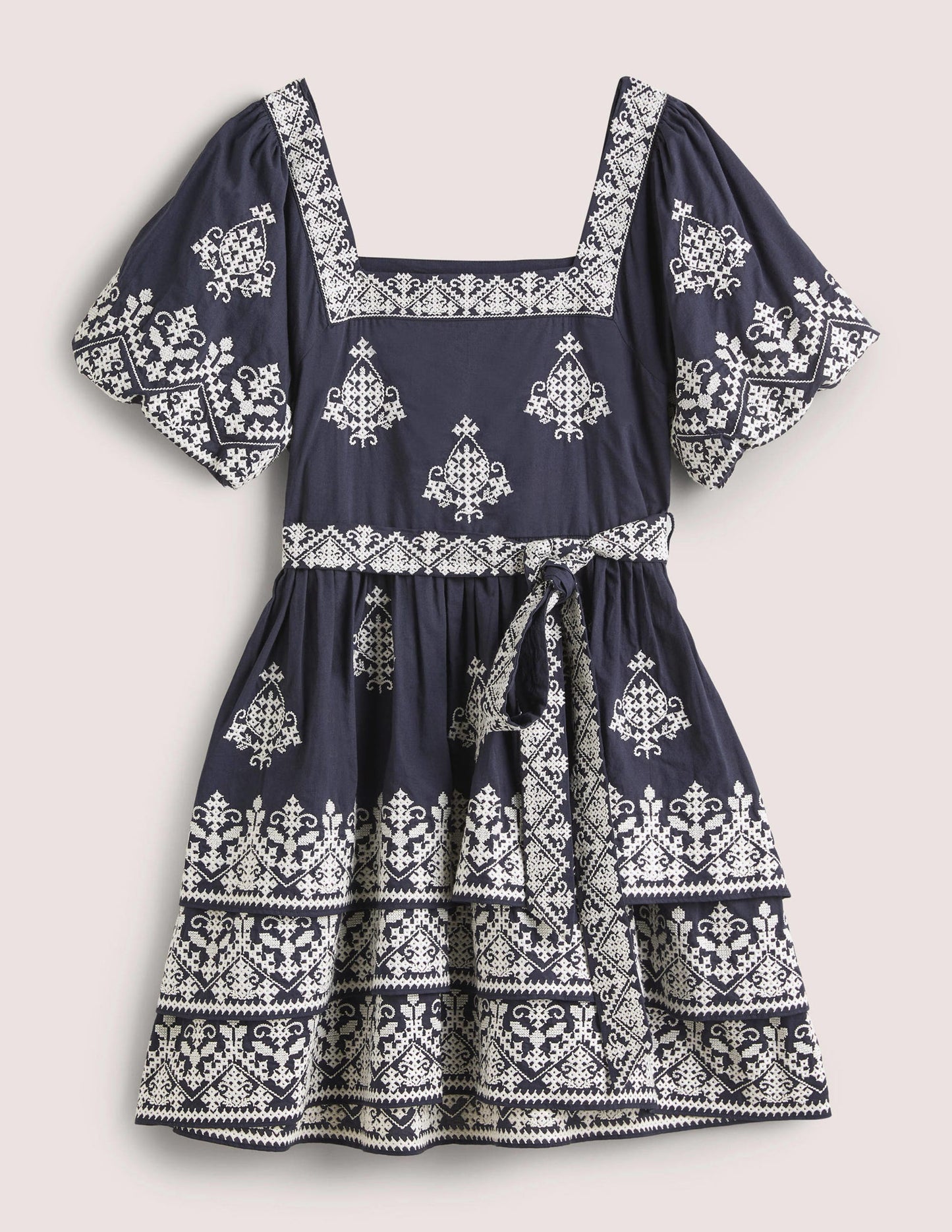 Square Neck Rara Dress-Navy, Ivory Embroidery