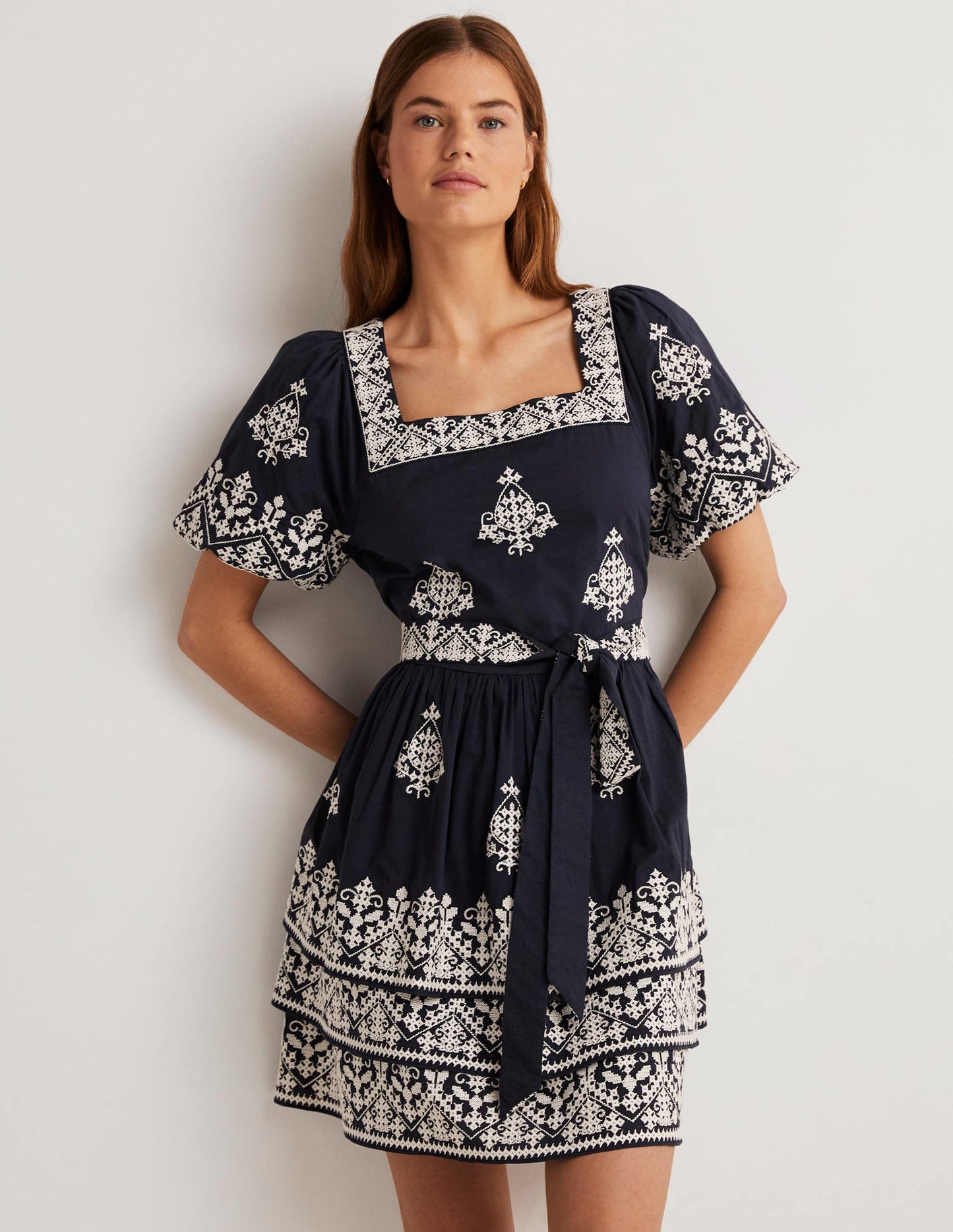 Square Neck Rara Dress-Navy, Ivory Embroidery
