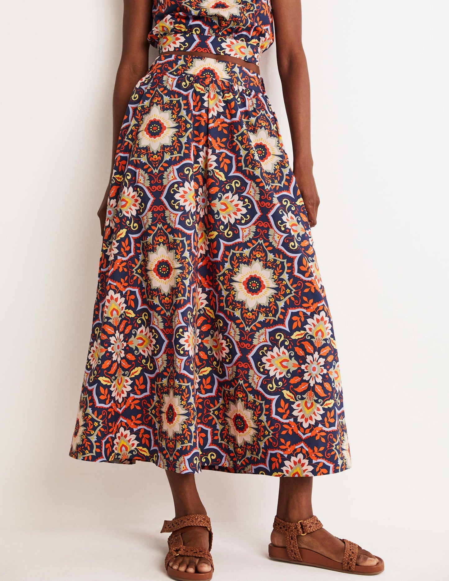 Pull On Cotton Midi Skirt-Navy, Bloomsbury