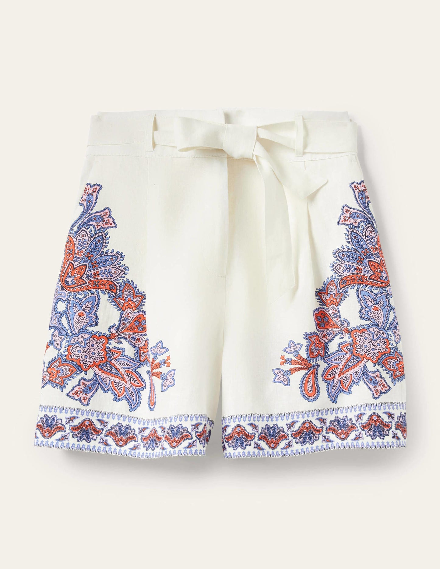 Alma Tie Waist Linen Shorts-Ivory, Paisley Bud