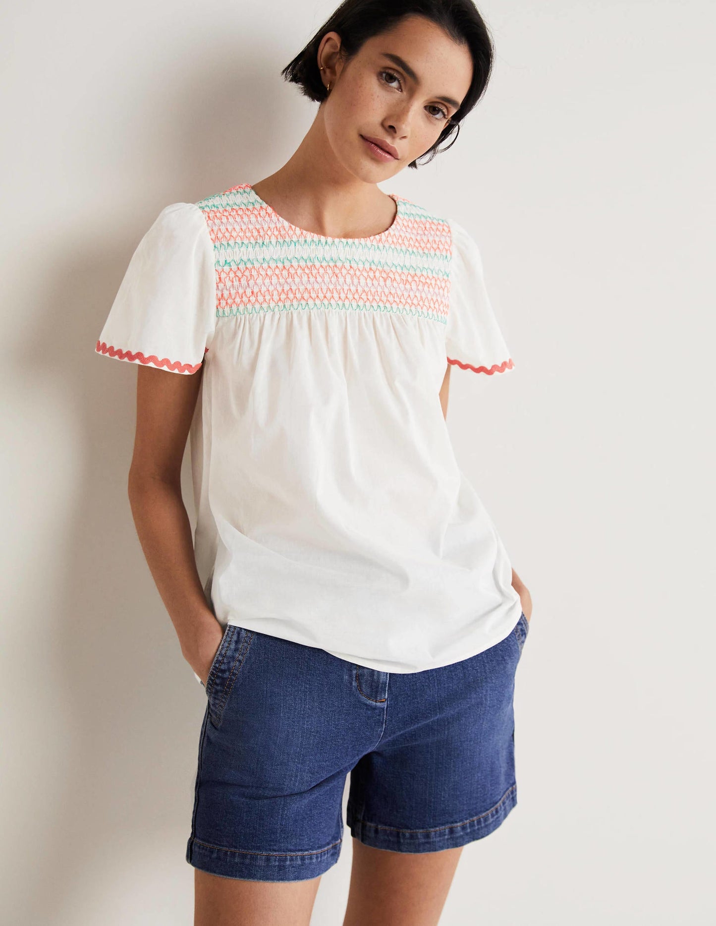 May Flutter Sleeve Smocked Top-White, Multi Smocking
