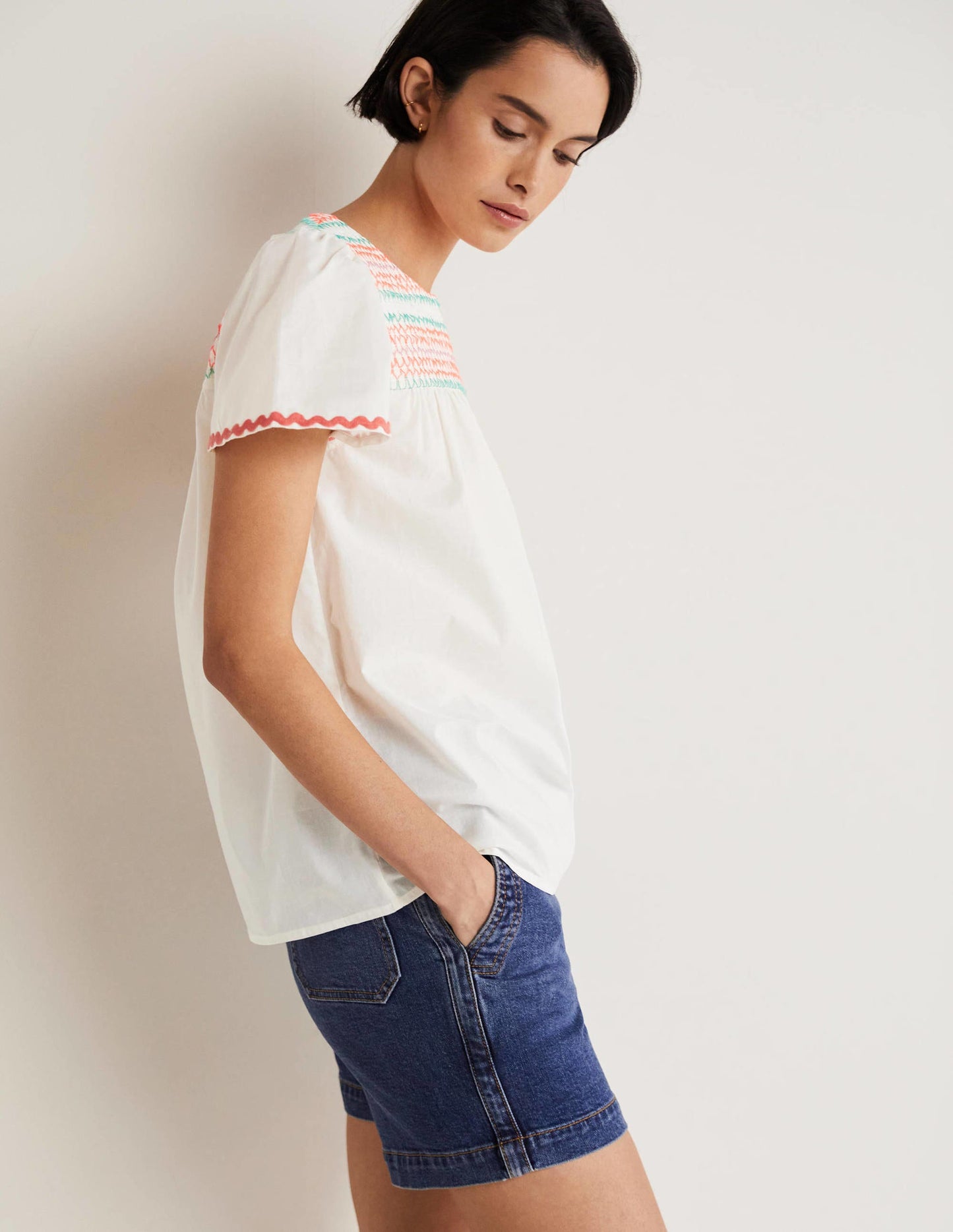 May Flutter Sleeve Smocked Top-White, Multi Smocking