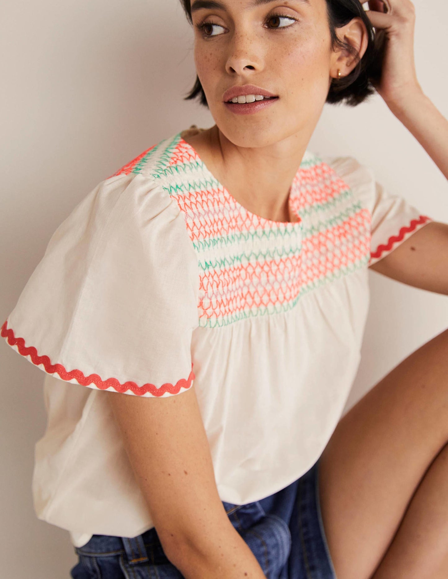 May Flutter Sleeve Smocked Top-White, Multi Smocking