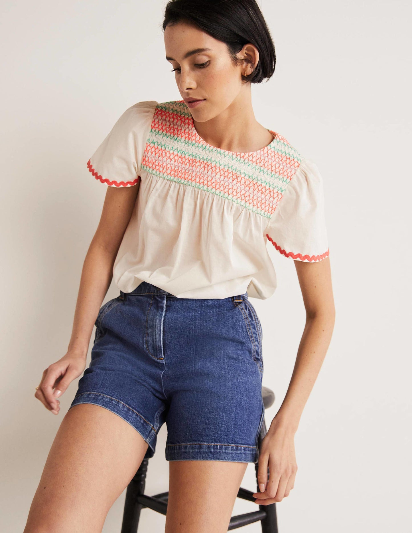 May Flutter Sleeve Smocked Top-White, Multi Smocking