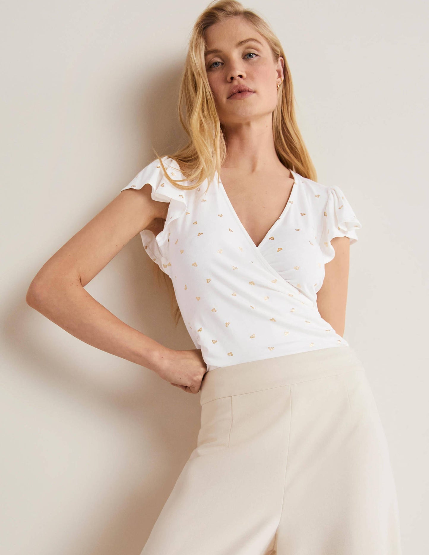Flutter Sleeve Wrap Top-Ivory, Spaced Bud