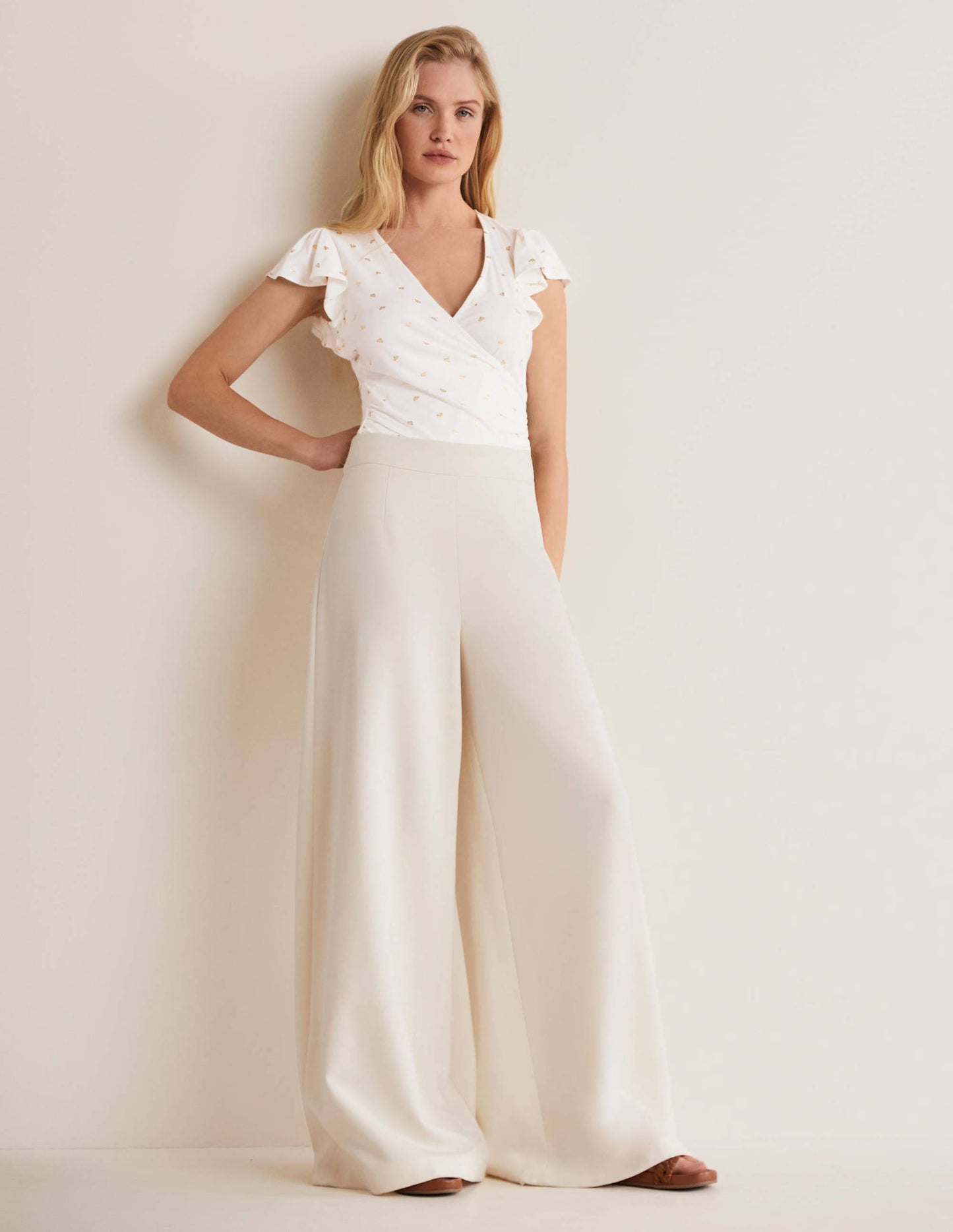 Flutter Sleeve Wrap Top-Ivory, Spaced Bud
