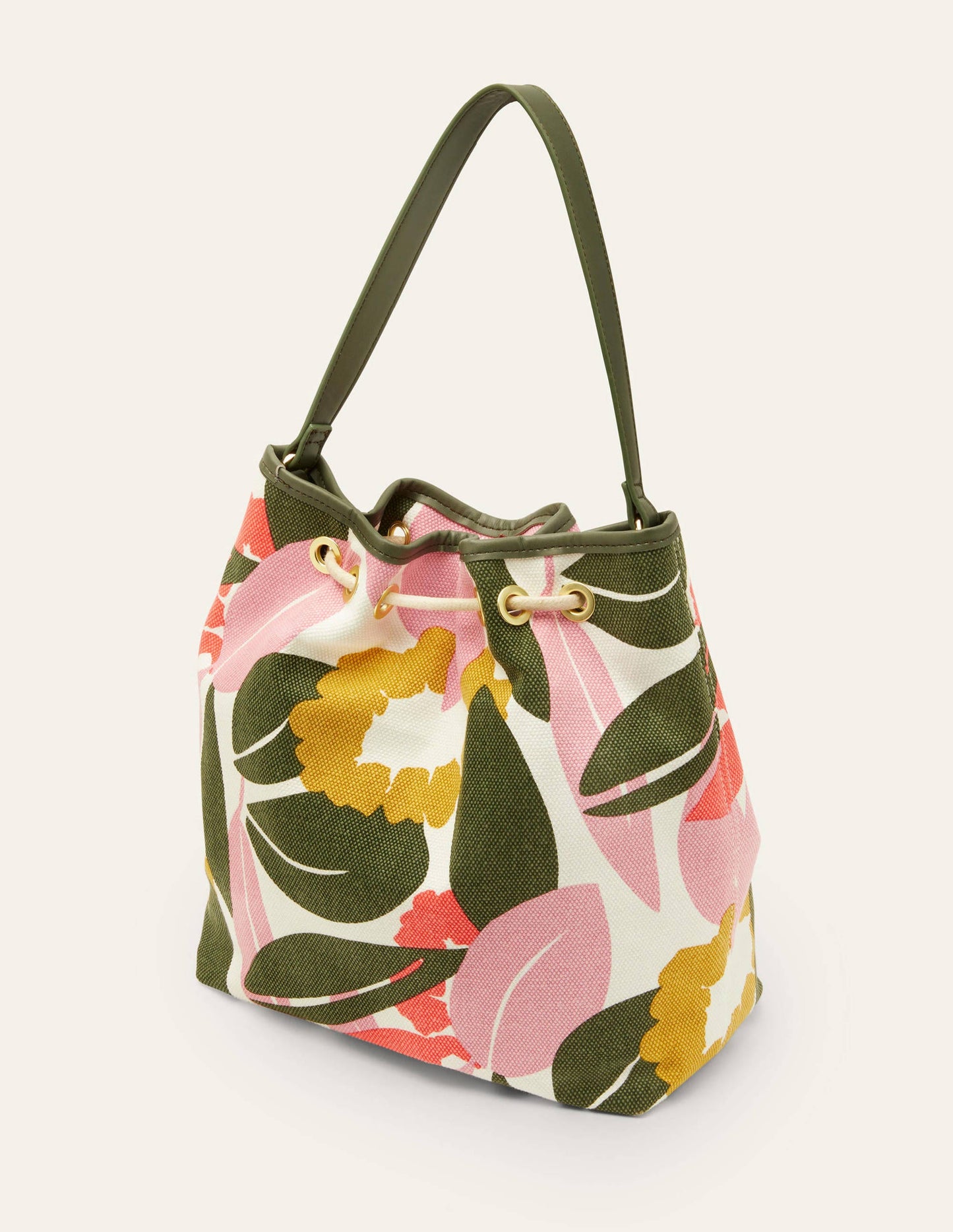 Canvas Drawstring Bucket Bag-Ivory, Abstract Bloom