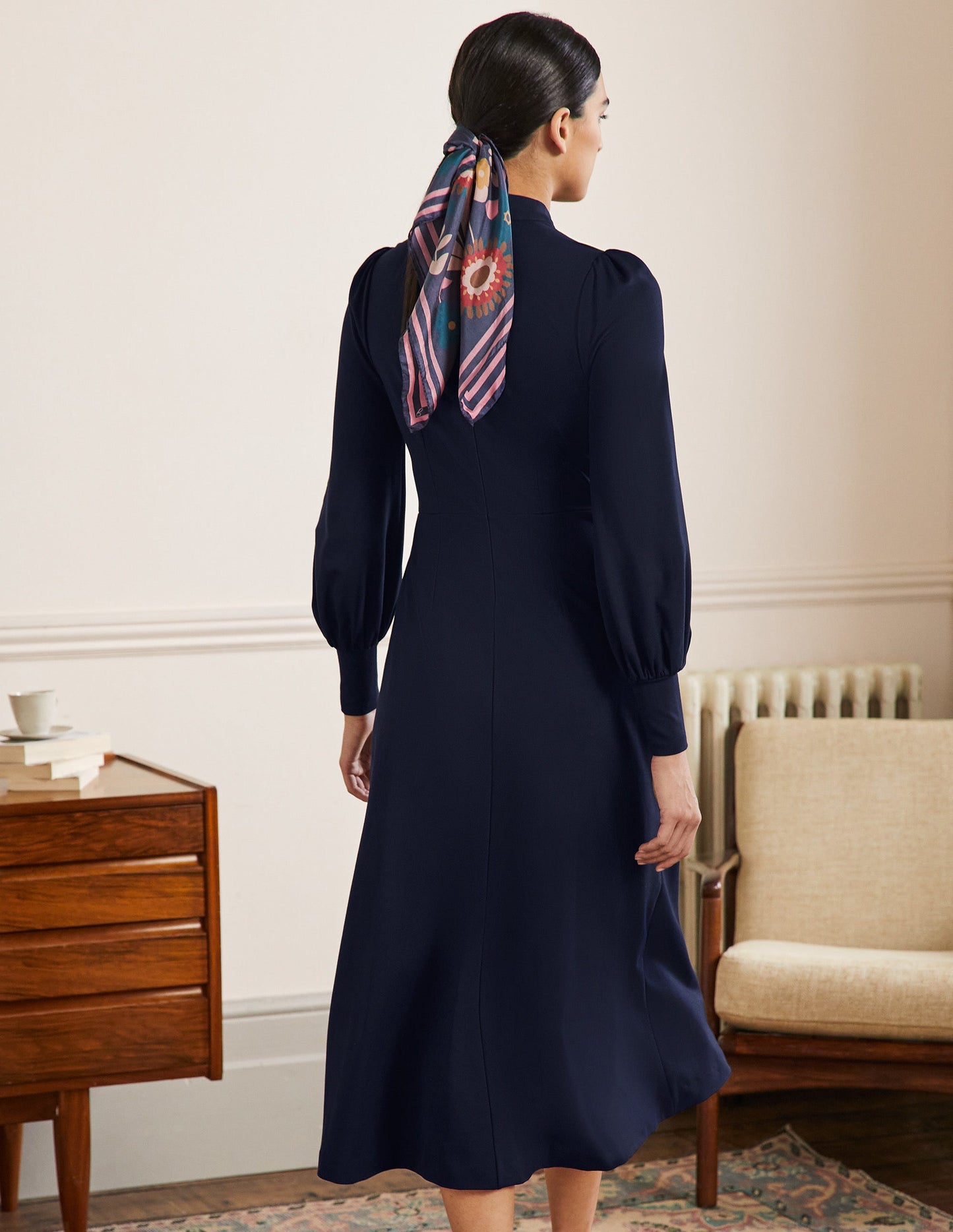 Cuffed Jersey Midi Dress-Navy