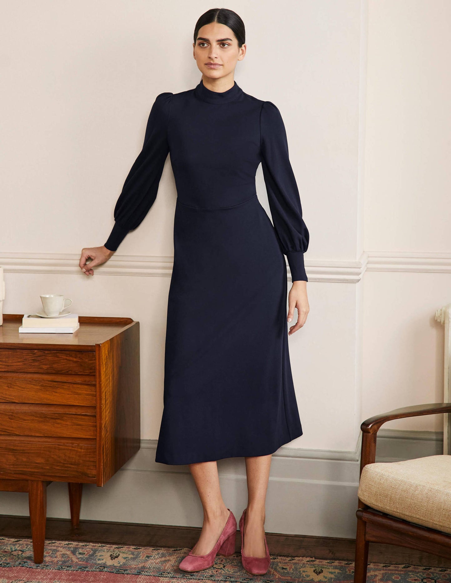 Cuffed Jersey Midi Dress-Navy