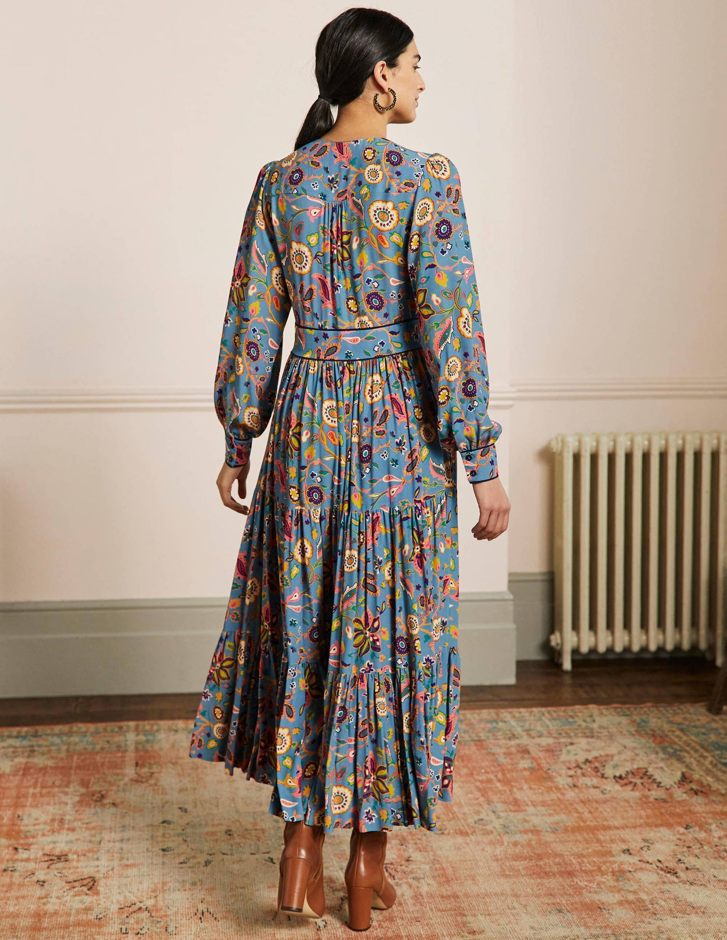V-Neck Tiered Midi Dress-Dusty Blue, Opulent Paradise