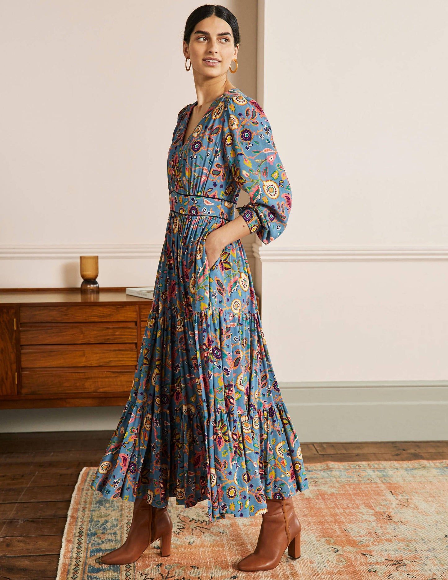 V-Neck Tiered Midi Dress-Dusty Blue, Opulent Paradise