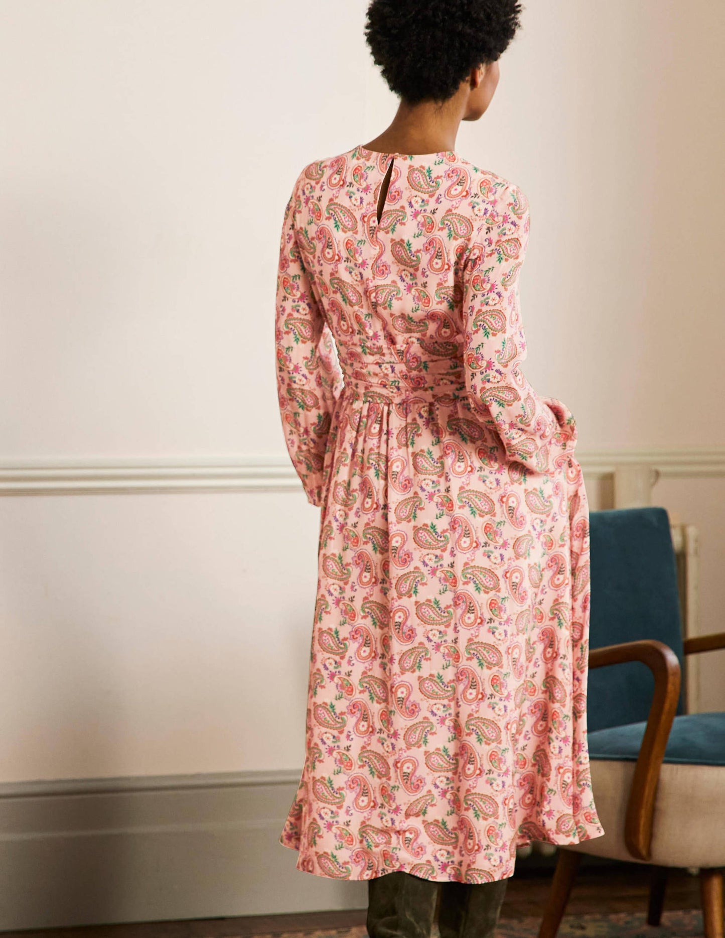 Ruched Waist Midi Dress-Milkshake, Paisley Bloom