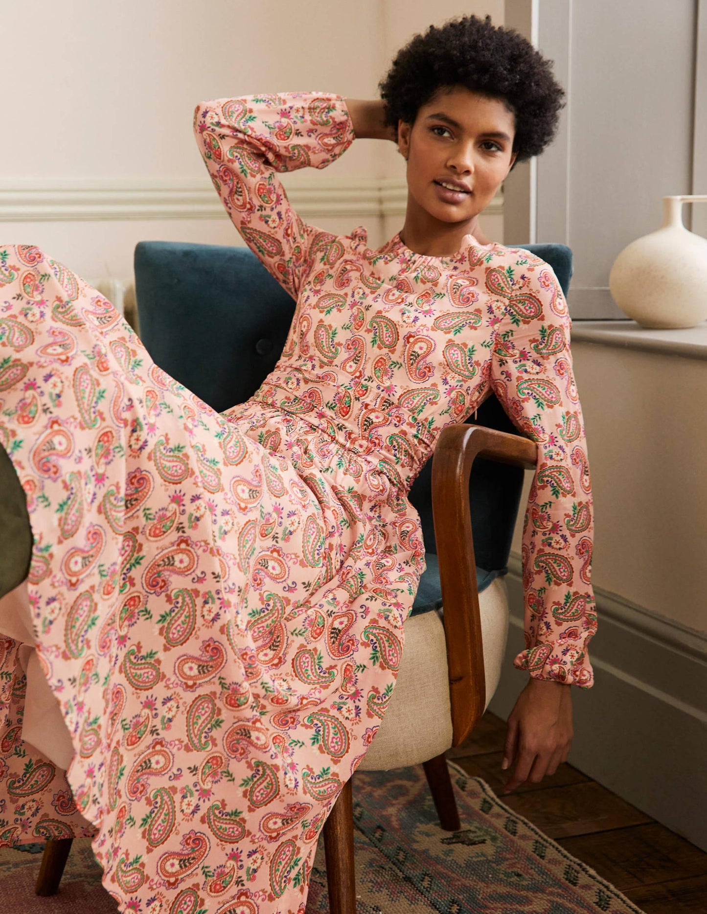 Ruched Waist Midi Dress-Milkshake, Paisley Bloom
