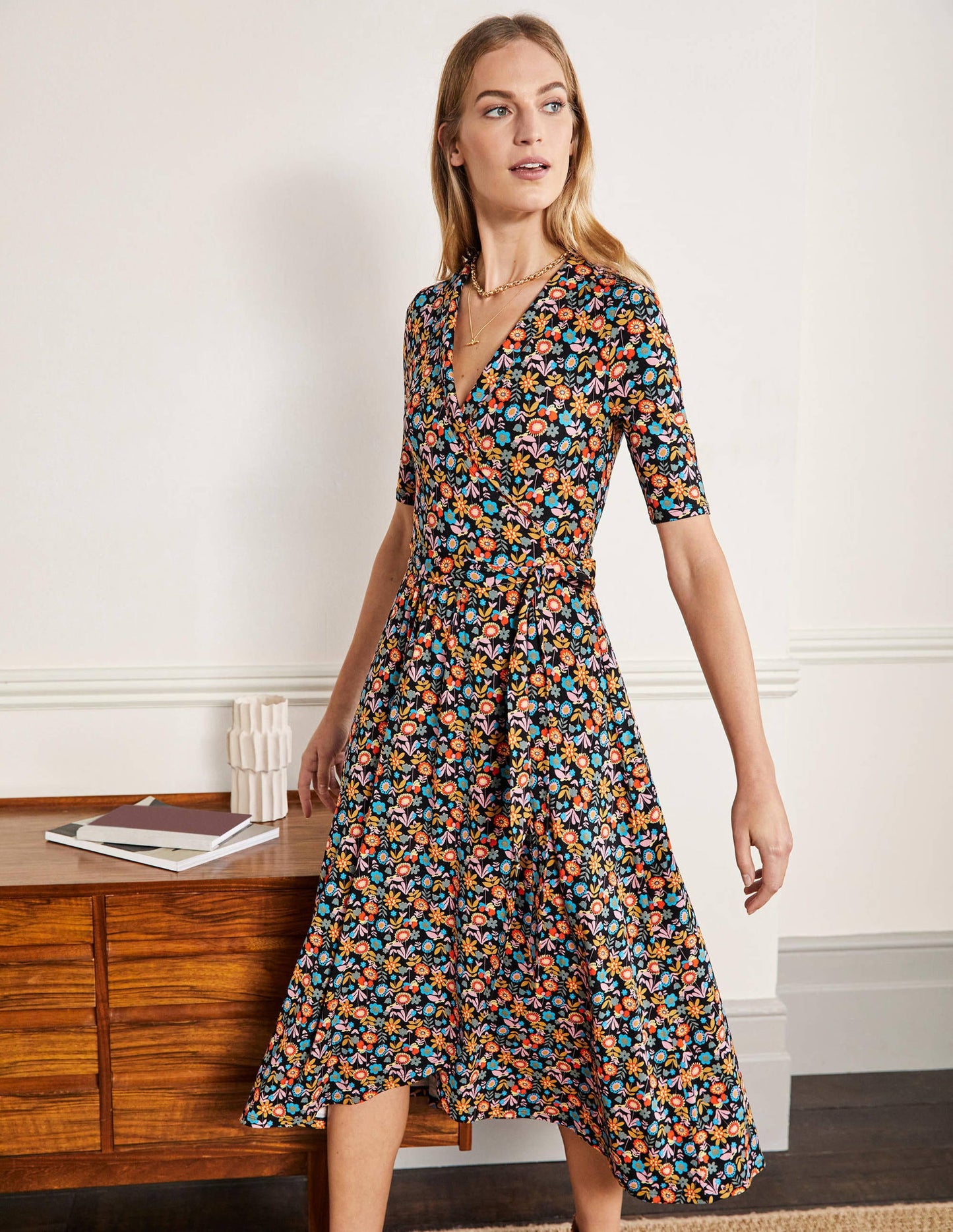 Lavinia Jersey Wrap Dress-Black, Flora Bloom