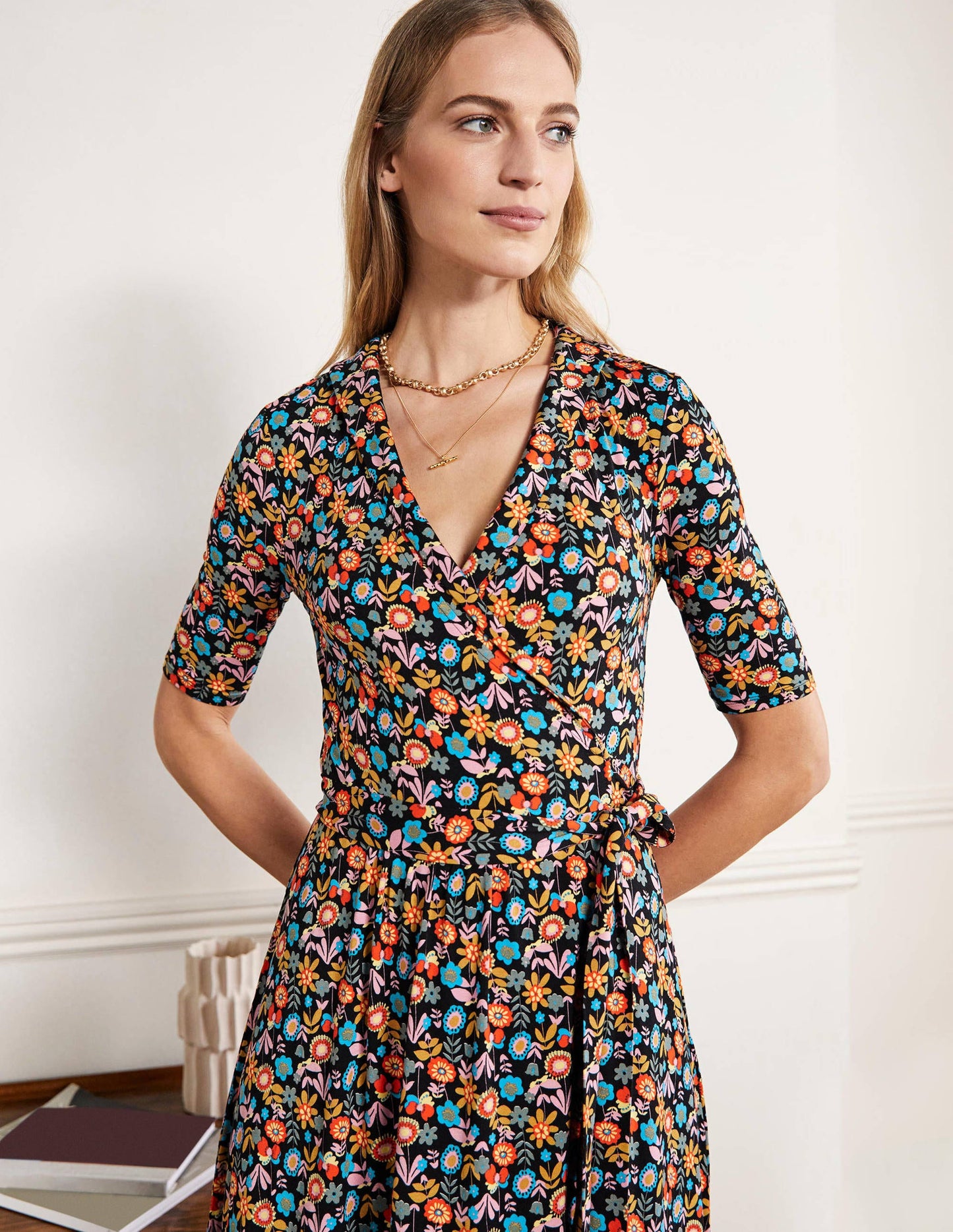 Lavinia Jersey Wrap Dress-Black, Flora Bloom