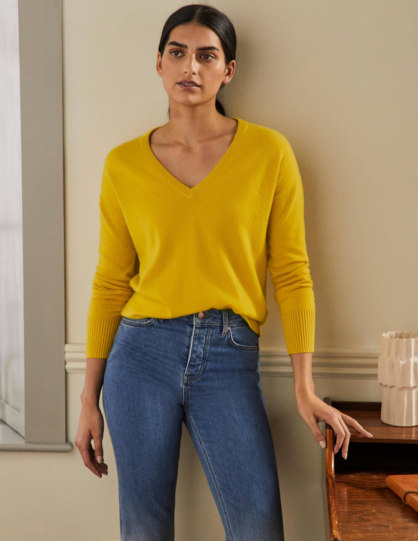 Cashmere V-neck Relaxed Jumper-Citrine Yellow