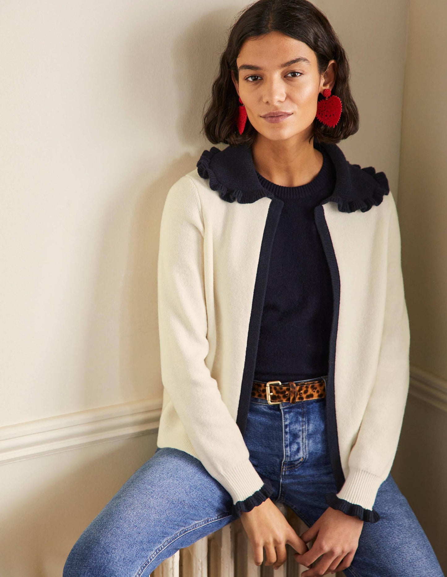 Frill Collared Cardigan-Ivory/Navy