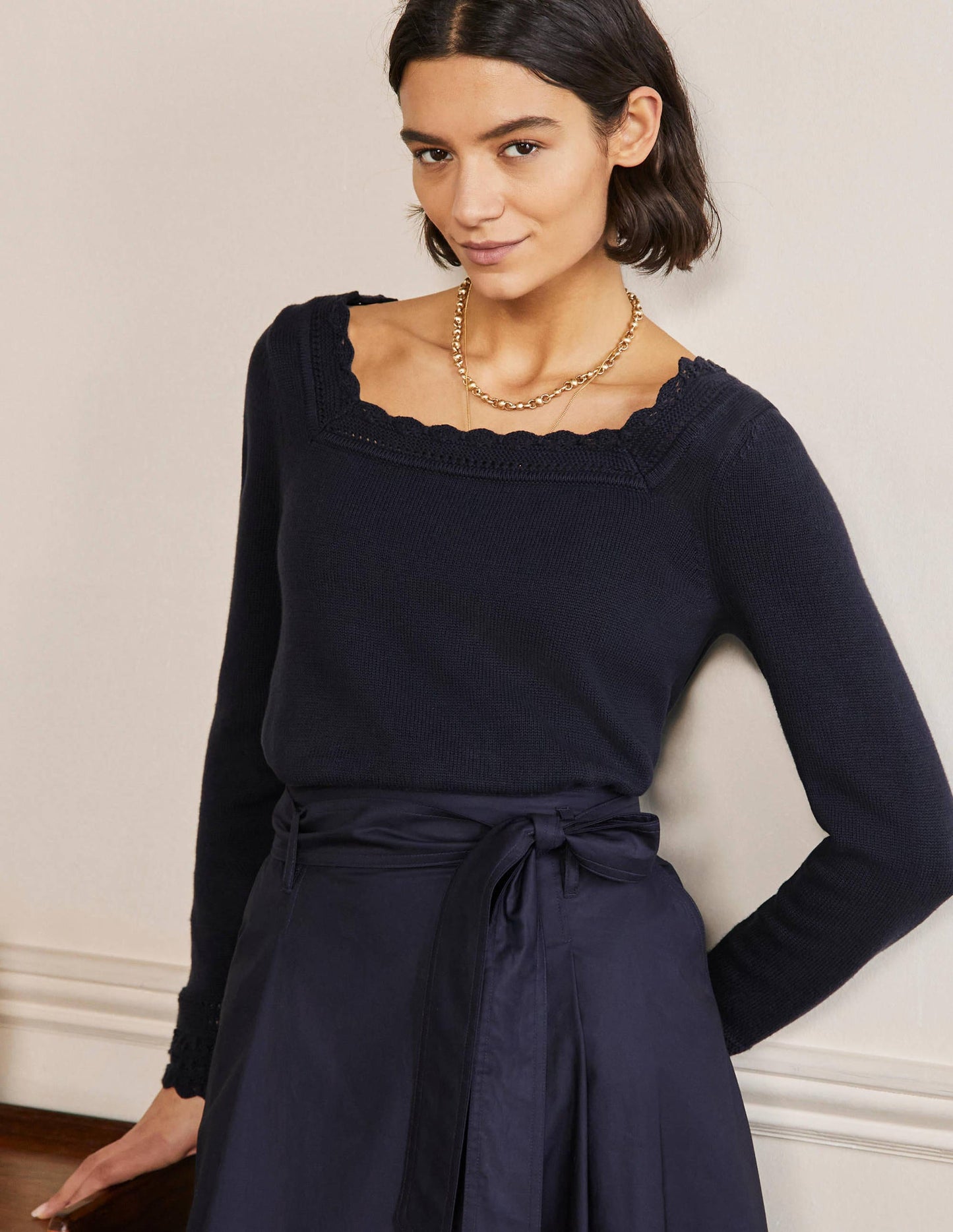 Scallop Crochet Trim Jumper-Navy