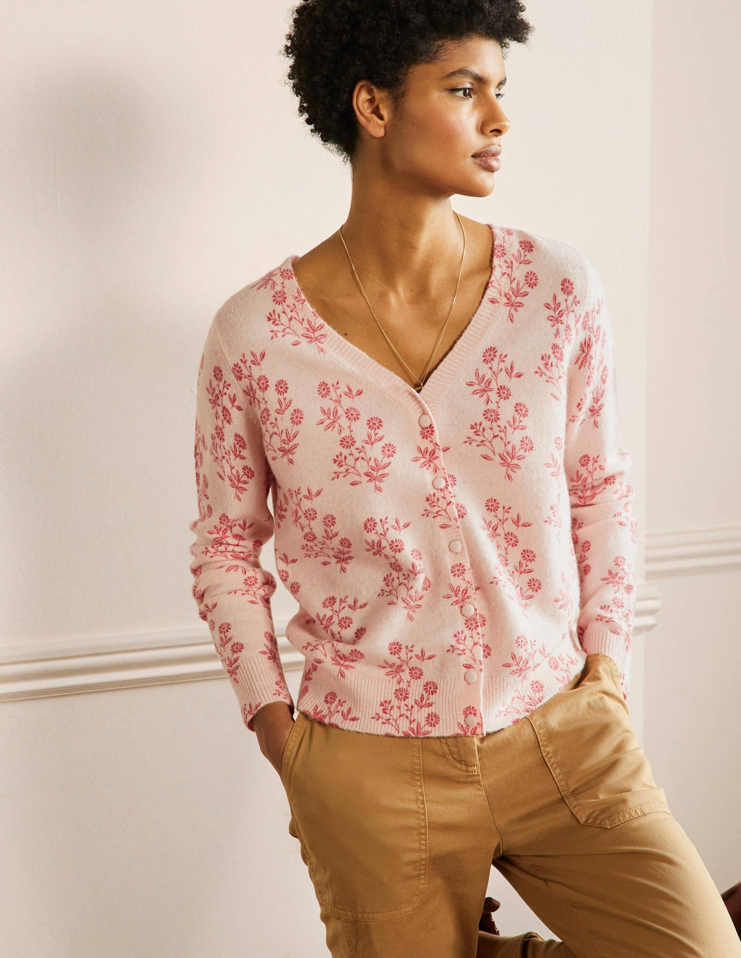 Anita Printed Fluffy Cardigan-Milkshake, Leafy Cluster
