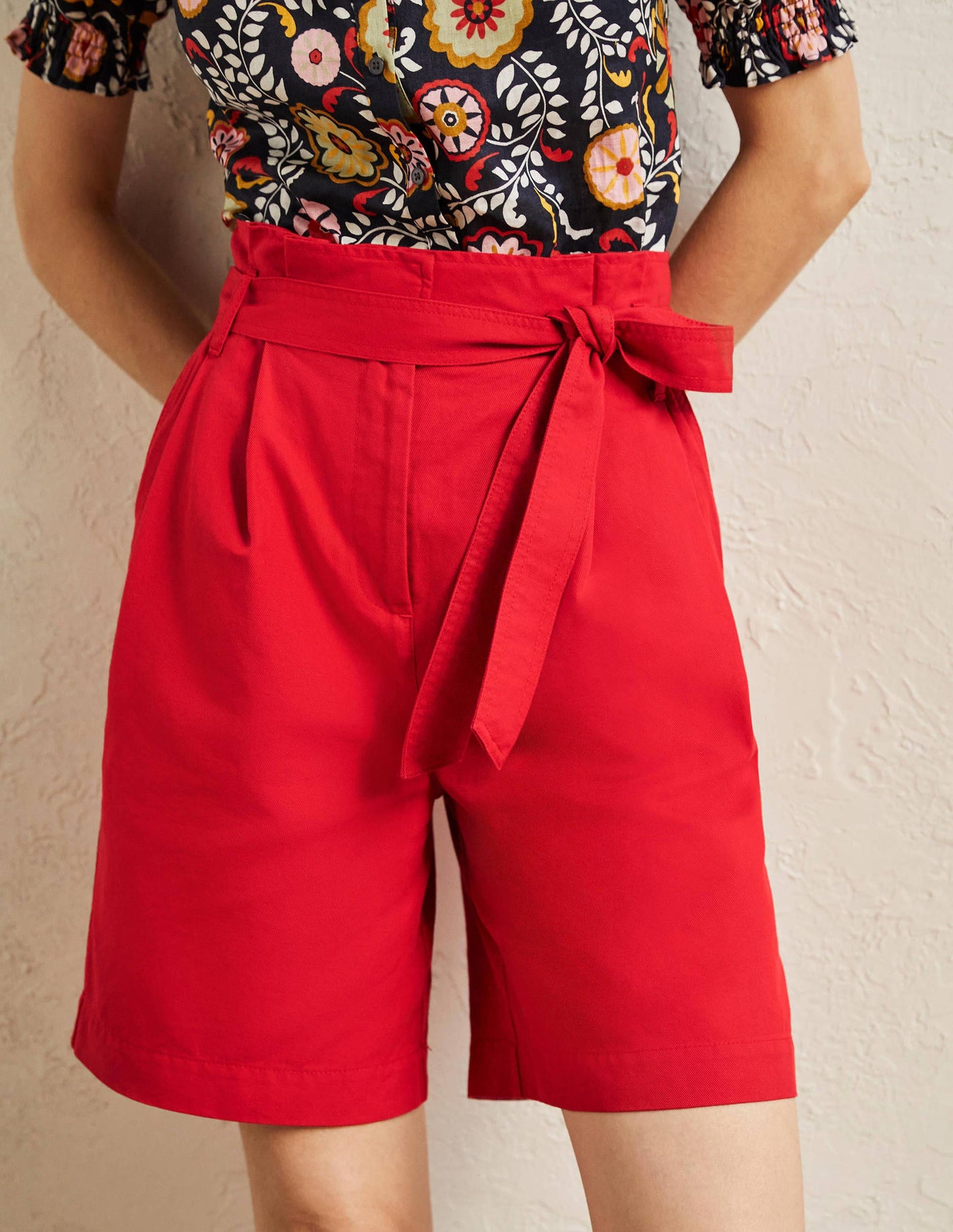 Paperbag High Waisted Shorts-Red
