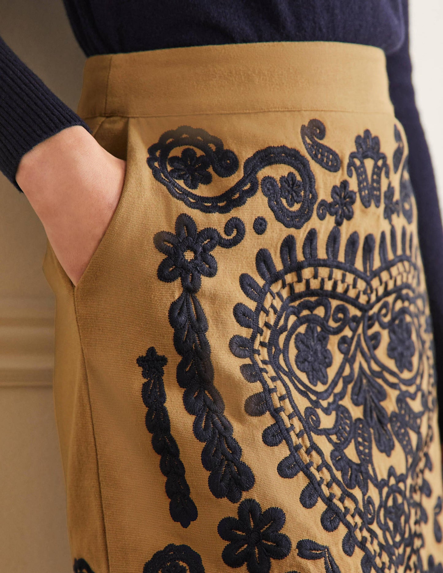 Embroidered Mini Skirt-Camel/Navy Embroidered