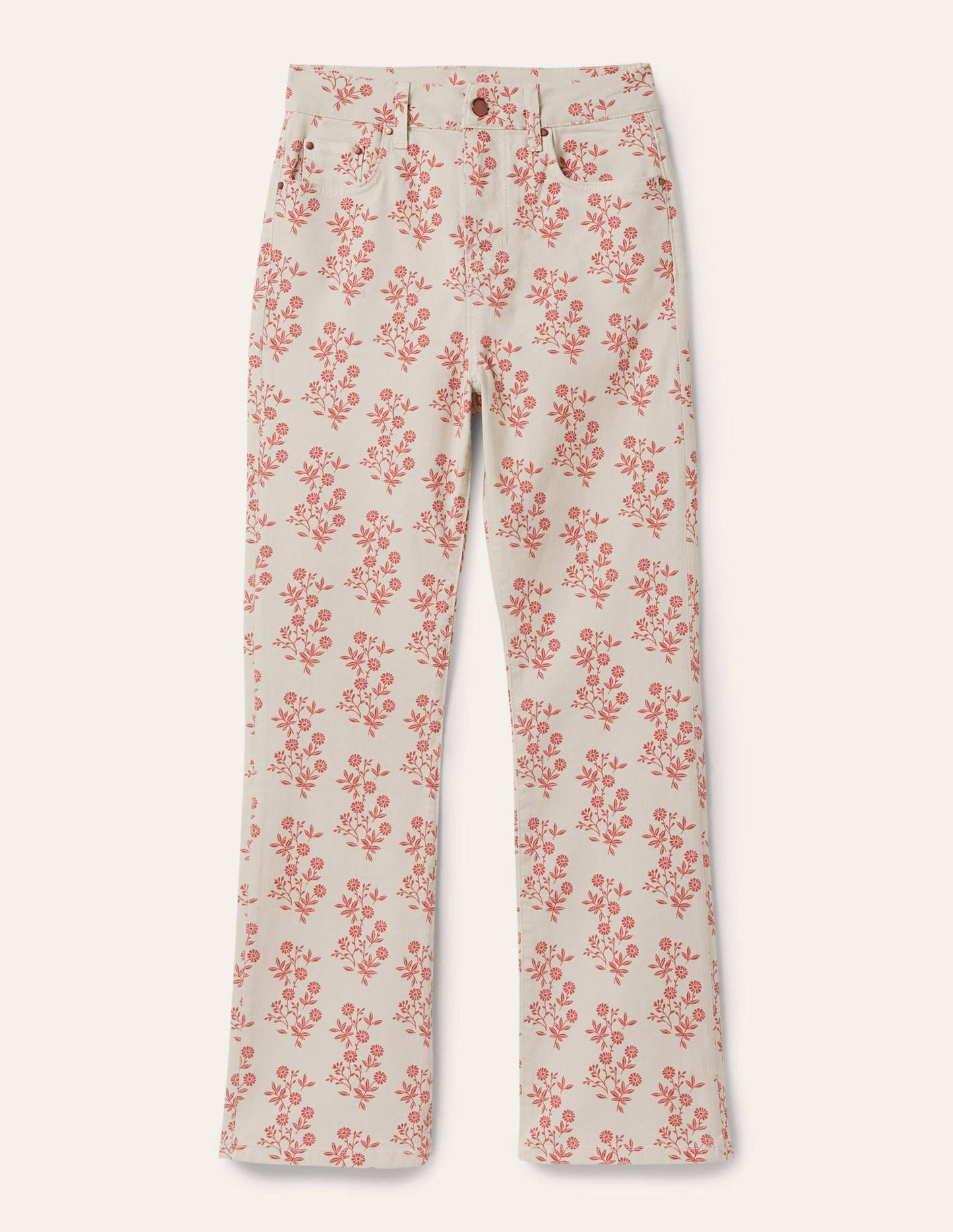 Cropped Flare Jeans-Ivory, Dusty Red Leafy Cluster