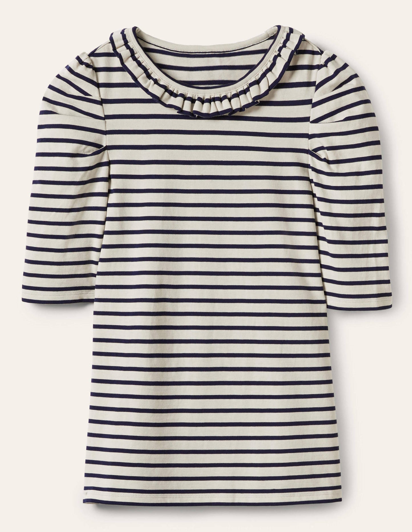 Puff Sleeve Frill Neck T-Shirt-Ivory / Navy Stripe