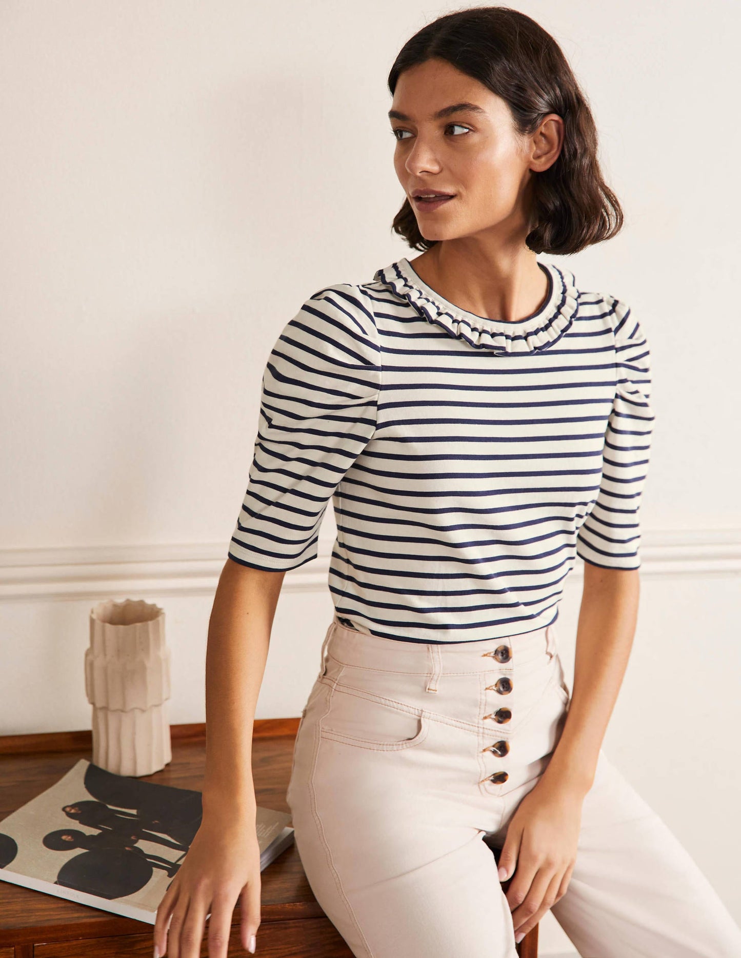 Puff Sleeve Frill Neck T-Shirt-Ivory / Navy Stripe