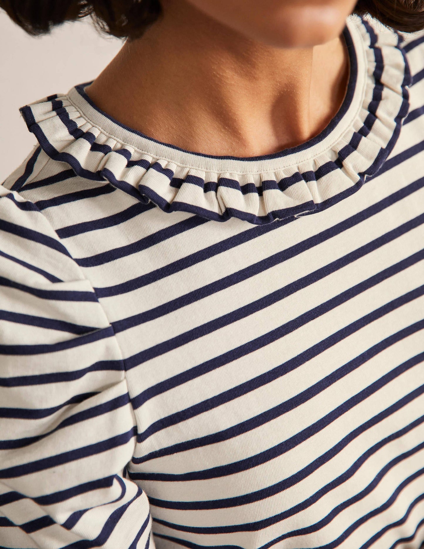 Puff Sleeve Frill Neck T-Shirt-Ivory / Navy Stripe
