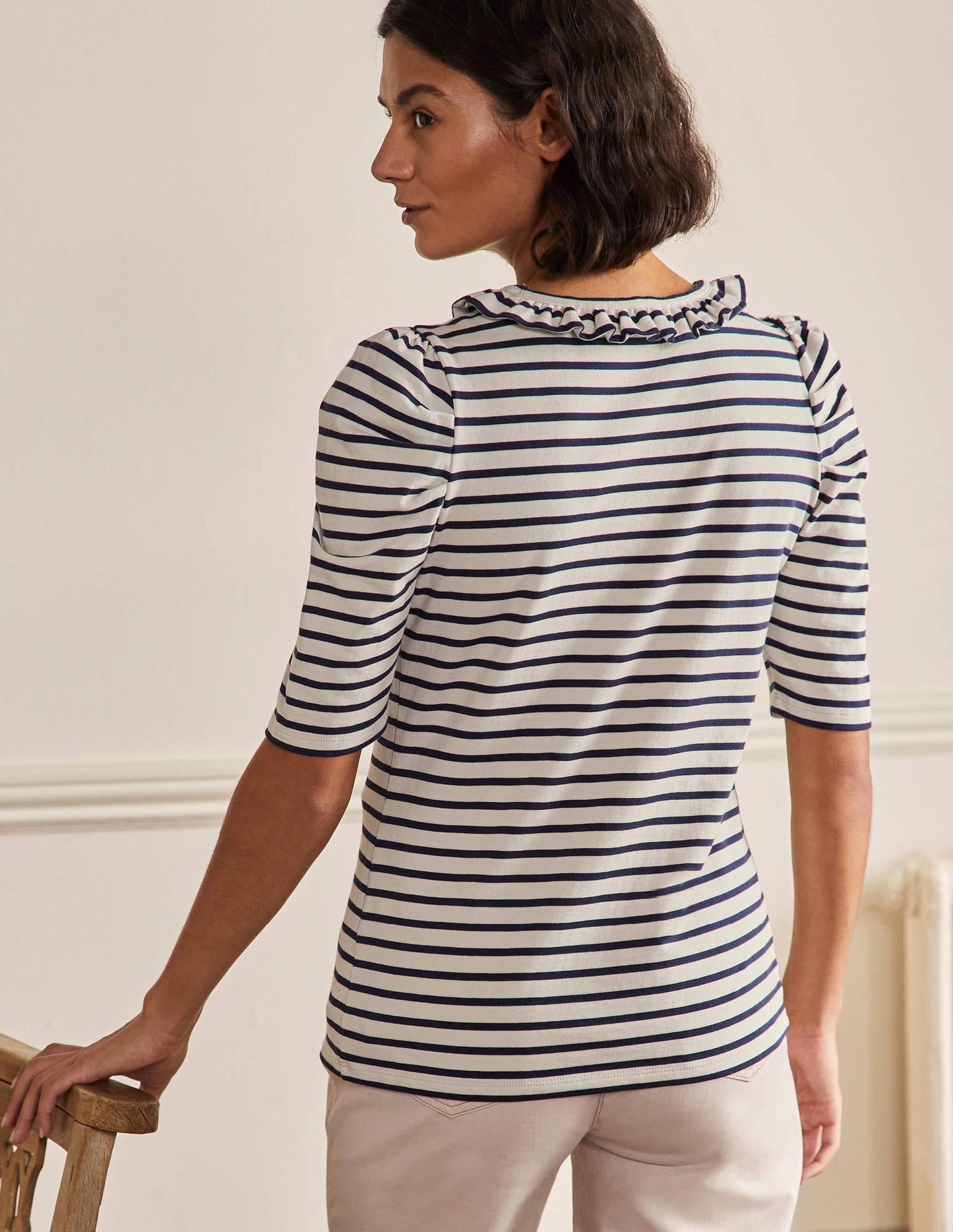 Puff Sleeve Frill Neck T-Shirt-Ivory / Navy Stripe