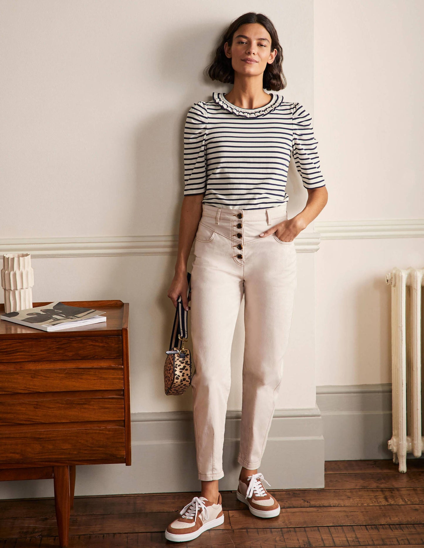 Puff Sleeve Frill Neck T-Shirt-Ivory / Navy Stripe