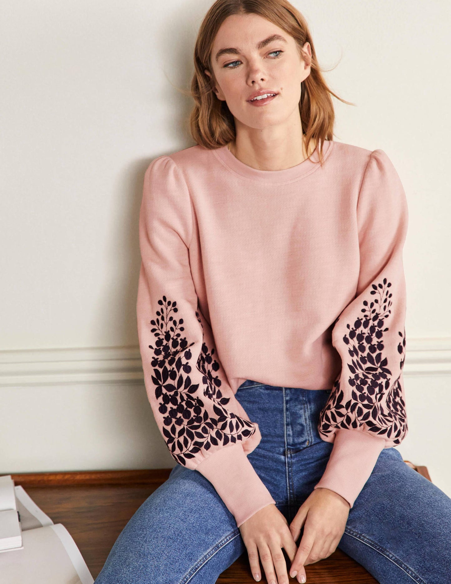 Embroidered Blouson Sweatshirt-Milkshake, Navy Embroidery