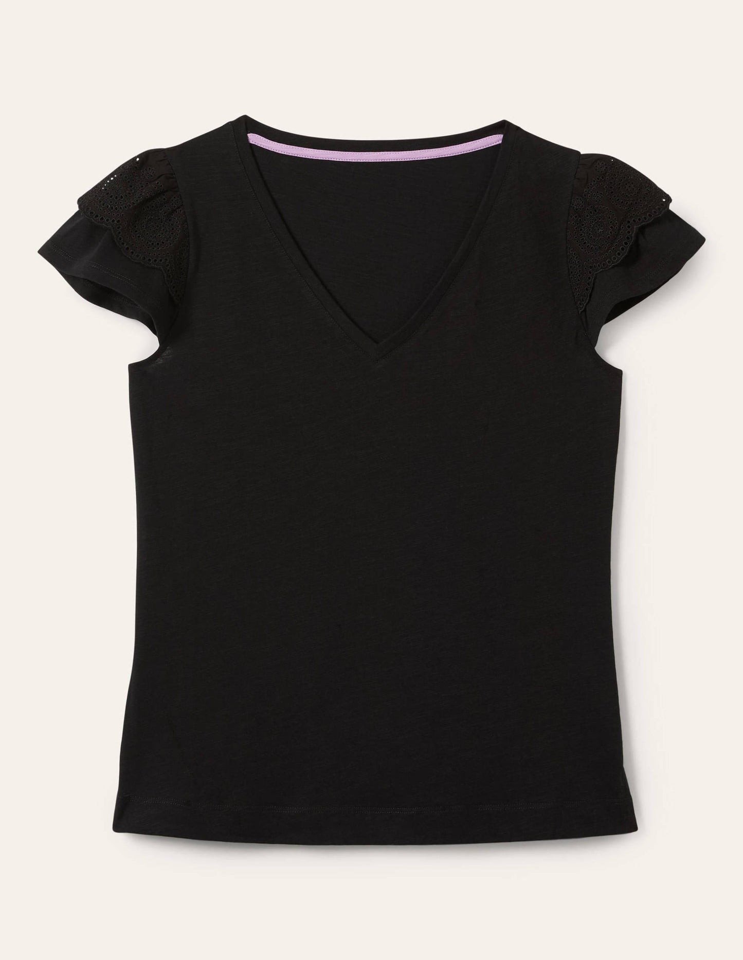 Broderie Cotton V-Neck T-Shirt-Black