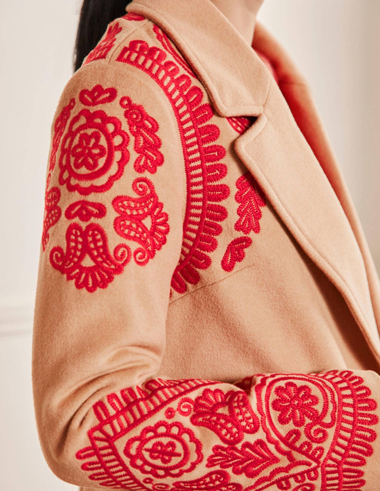 Cecily Embroidered Wool Coat-Oatmeal/Camel Marl