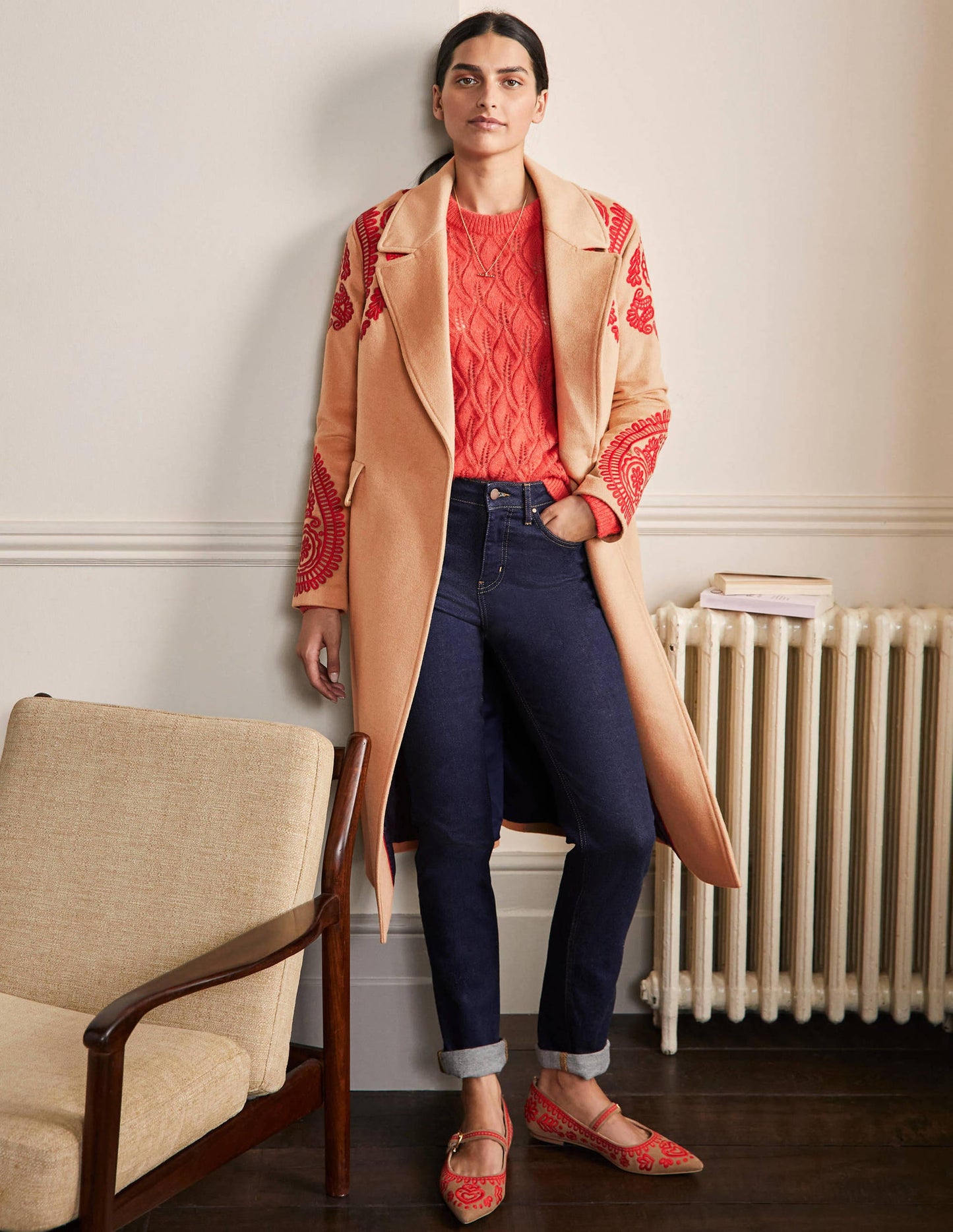 Cecily Embroidered Wool Coat-Oatmeal/Camel Marl
