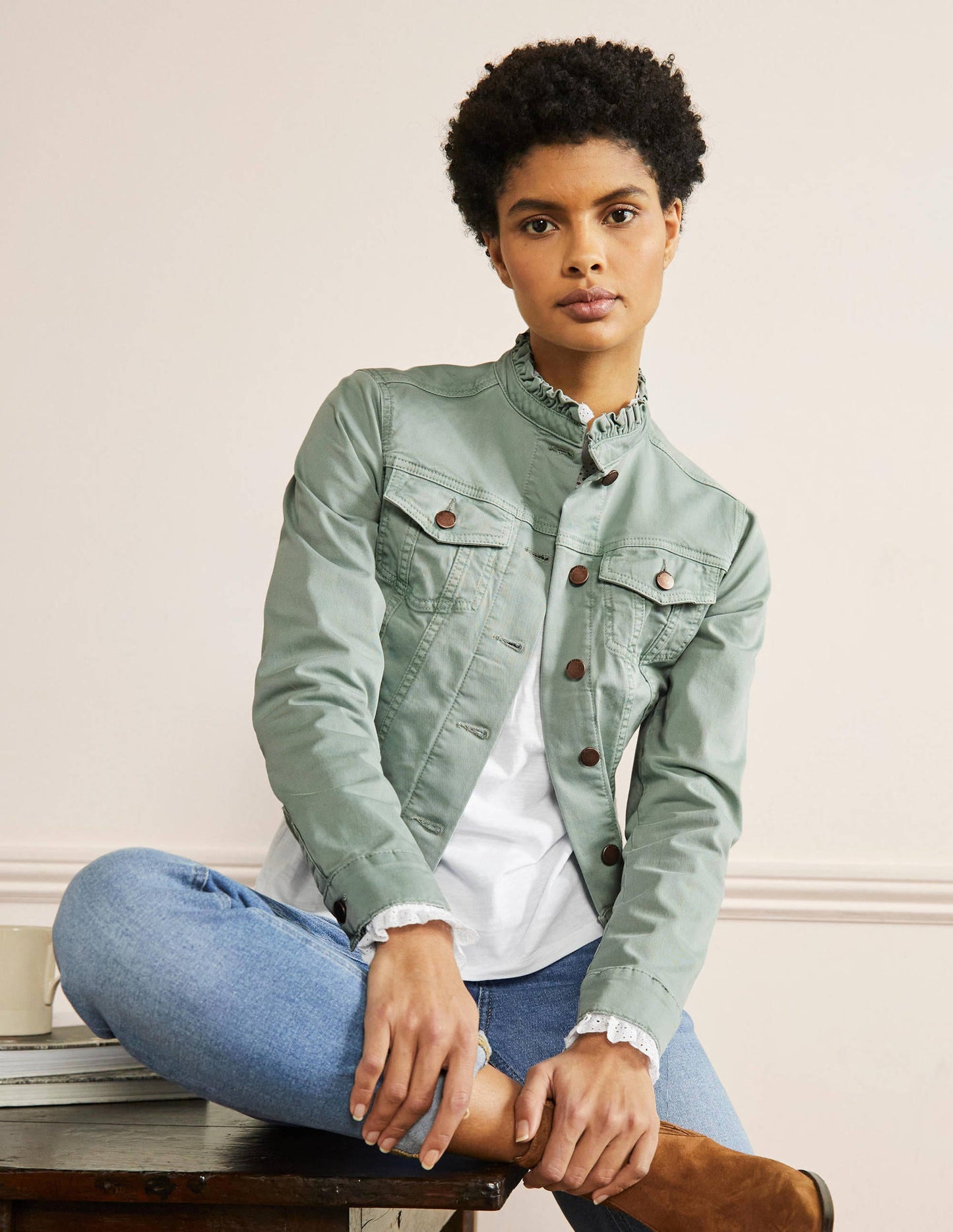 Carla Ruffle Collar Jacket-Iceberg Green