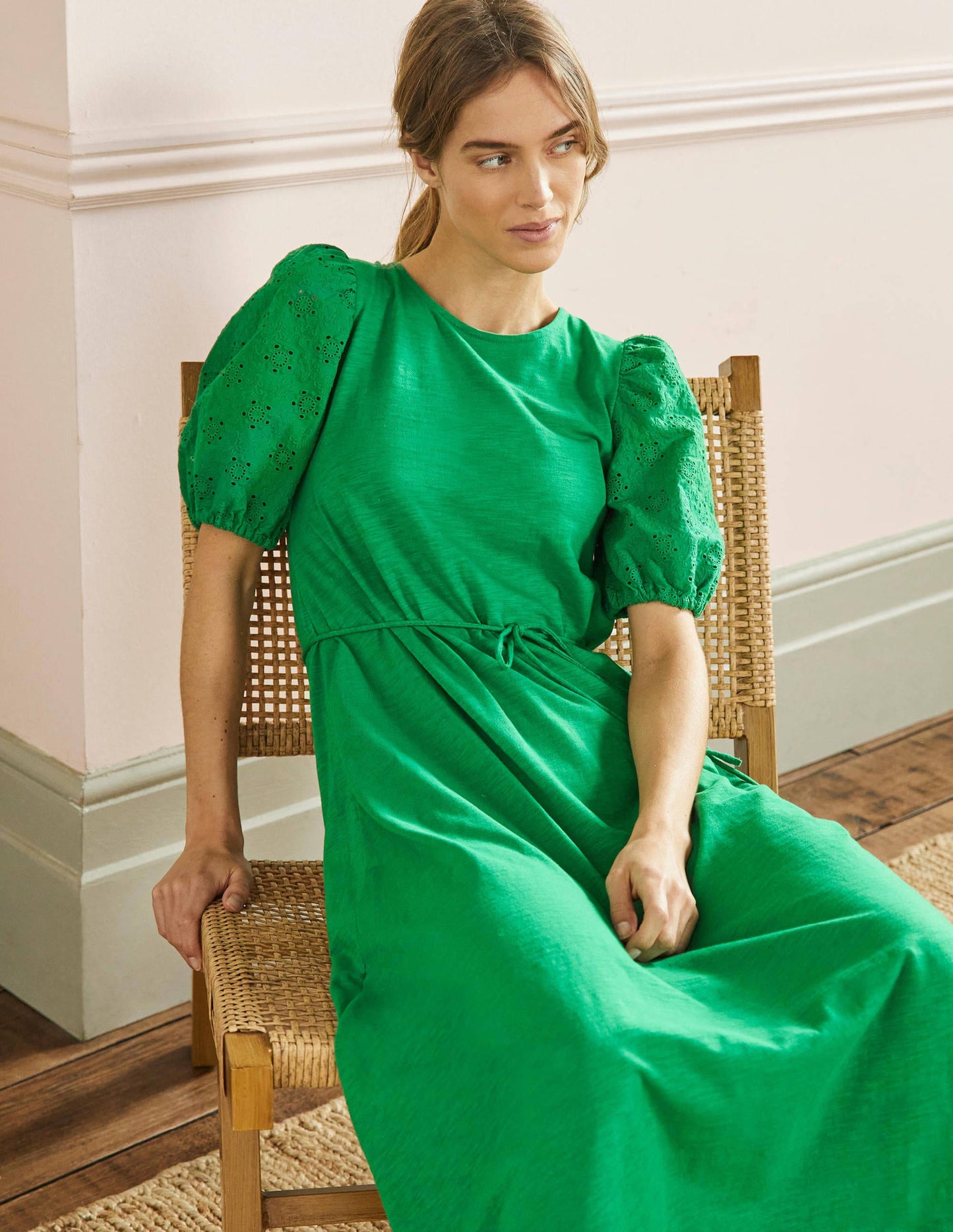 Broderie Mix Jersey Midi Dress-Highland Green