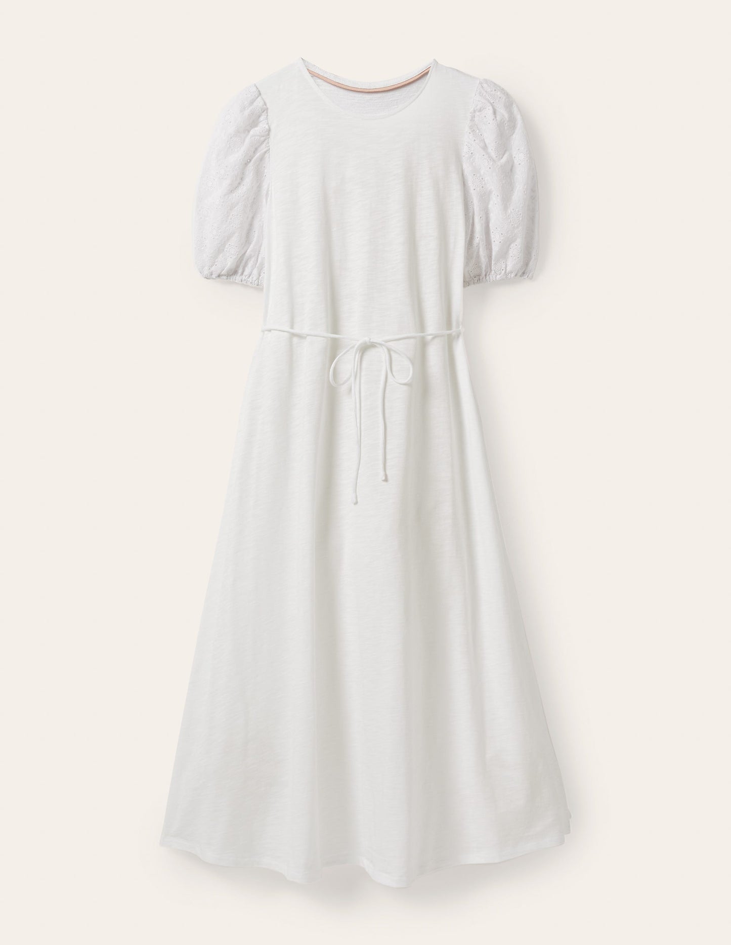 Broderie Mix Jersey Midi Dress-White