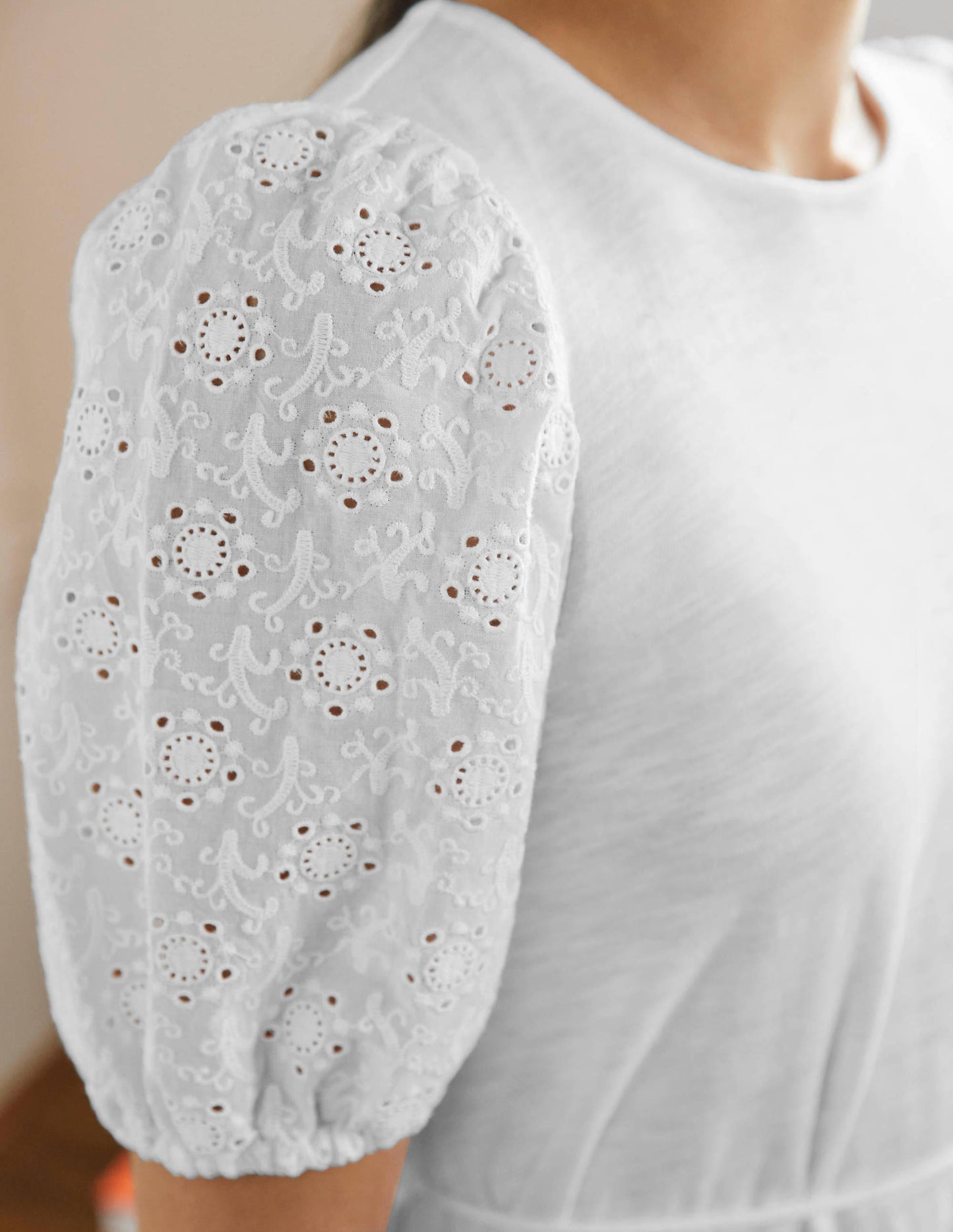 Broderie Mix Jersey Midi Dress-White