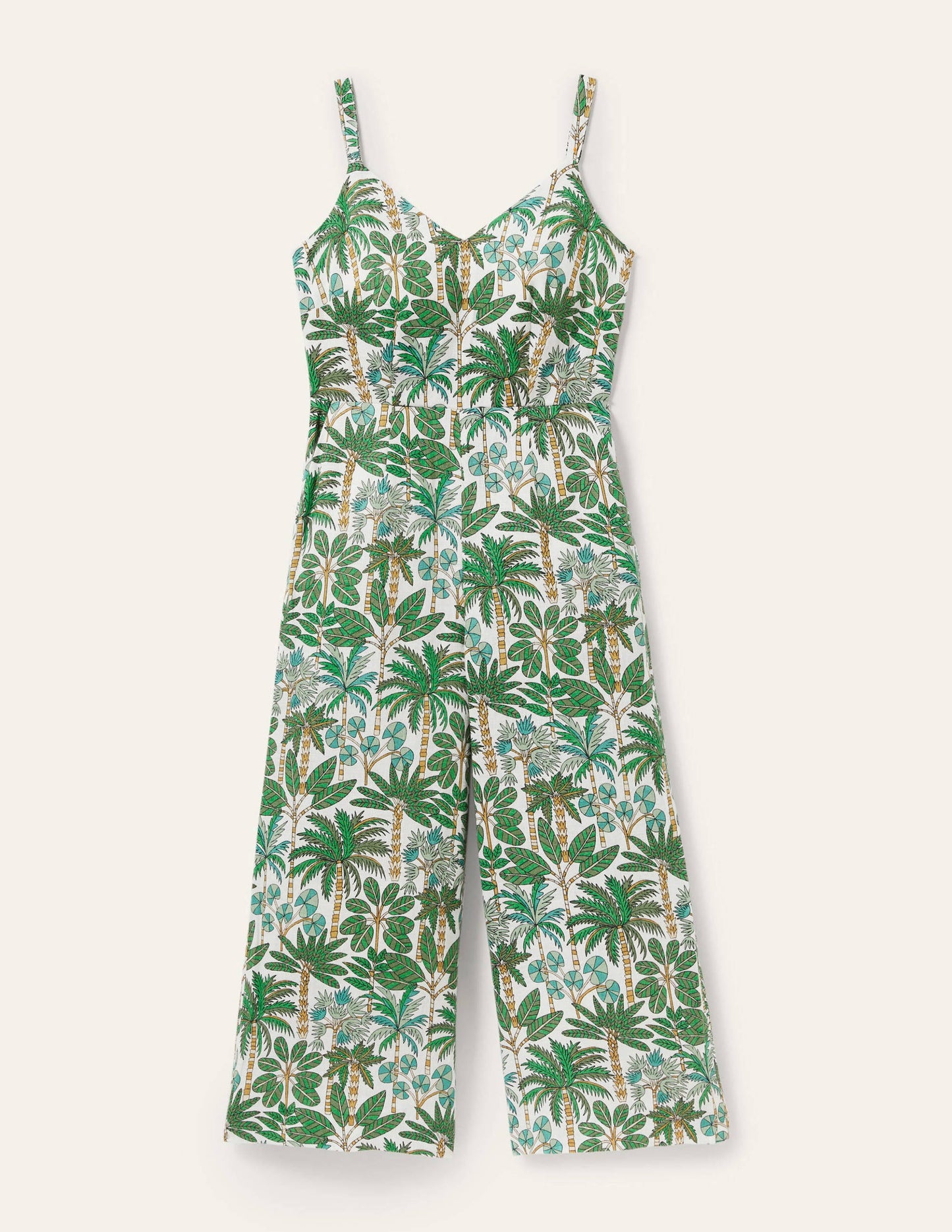 Lola Strappy Linen Jumpsuit-Ivory, Palm Forest