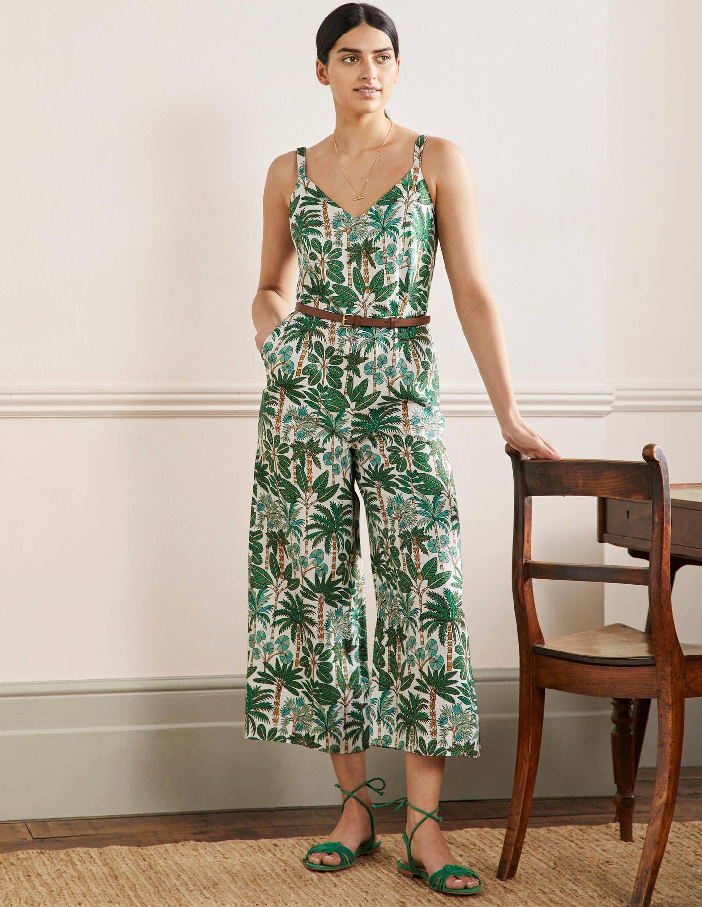 Lola Strappy Linen Jumpsuit-Ivory, Palm Forest
