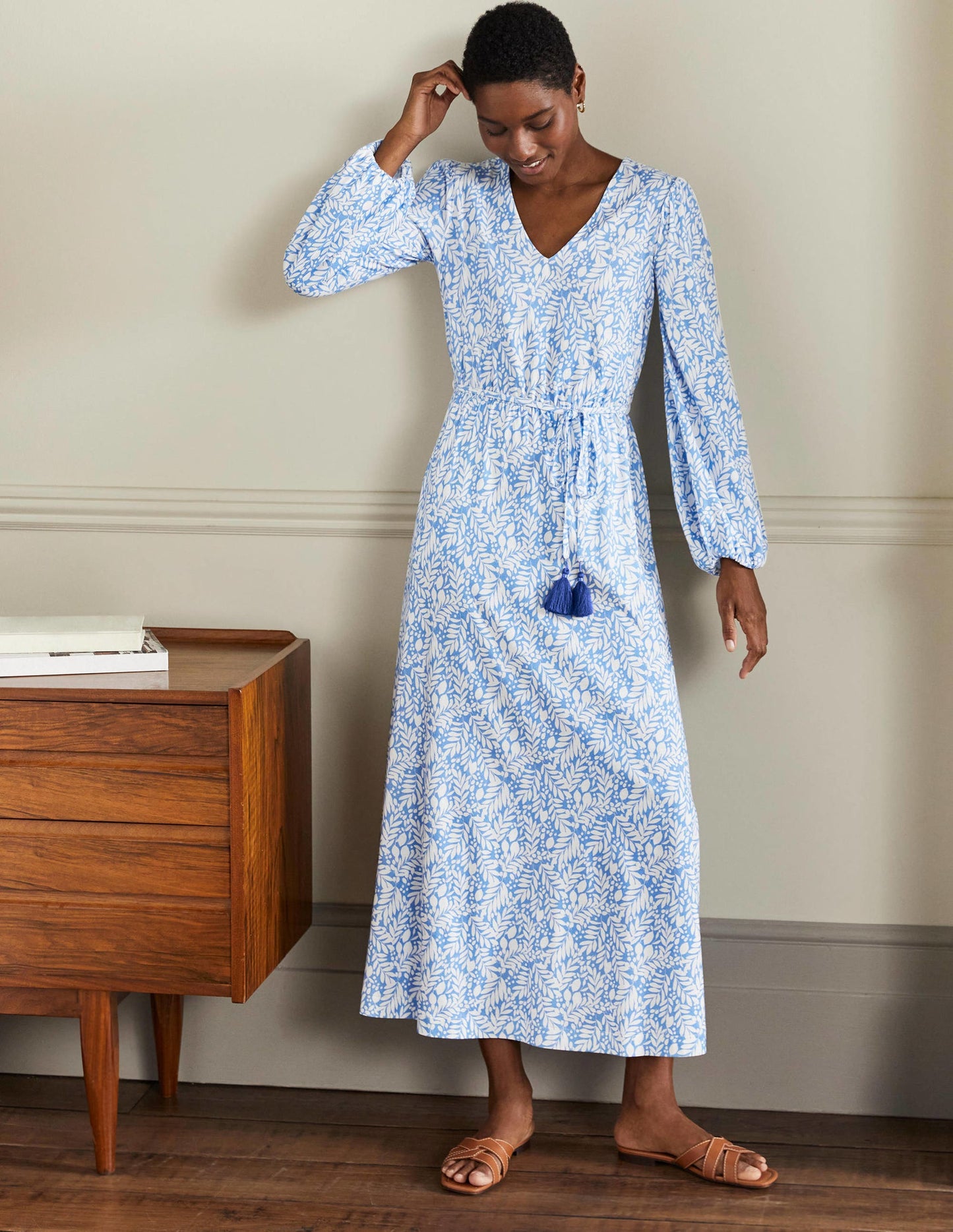 Belted Jersey Maxi Dress-Grape Hyacinth Lemon Foliage